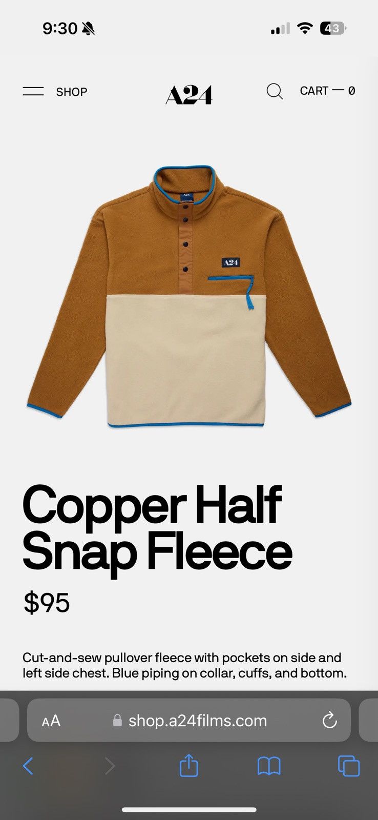 A24 A24 Copper Half Snap Fleece medium