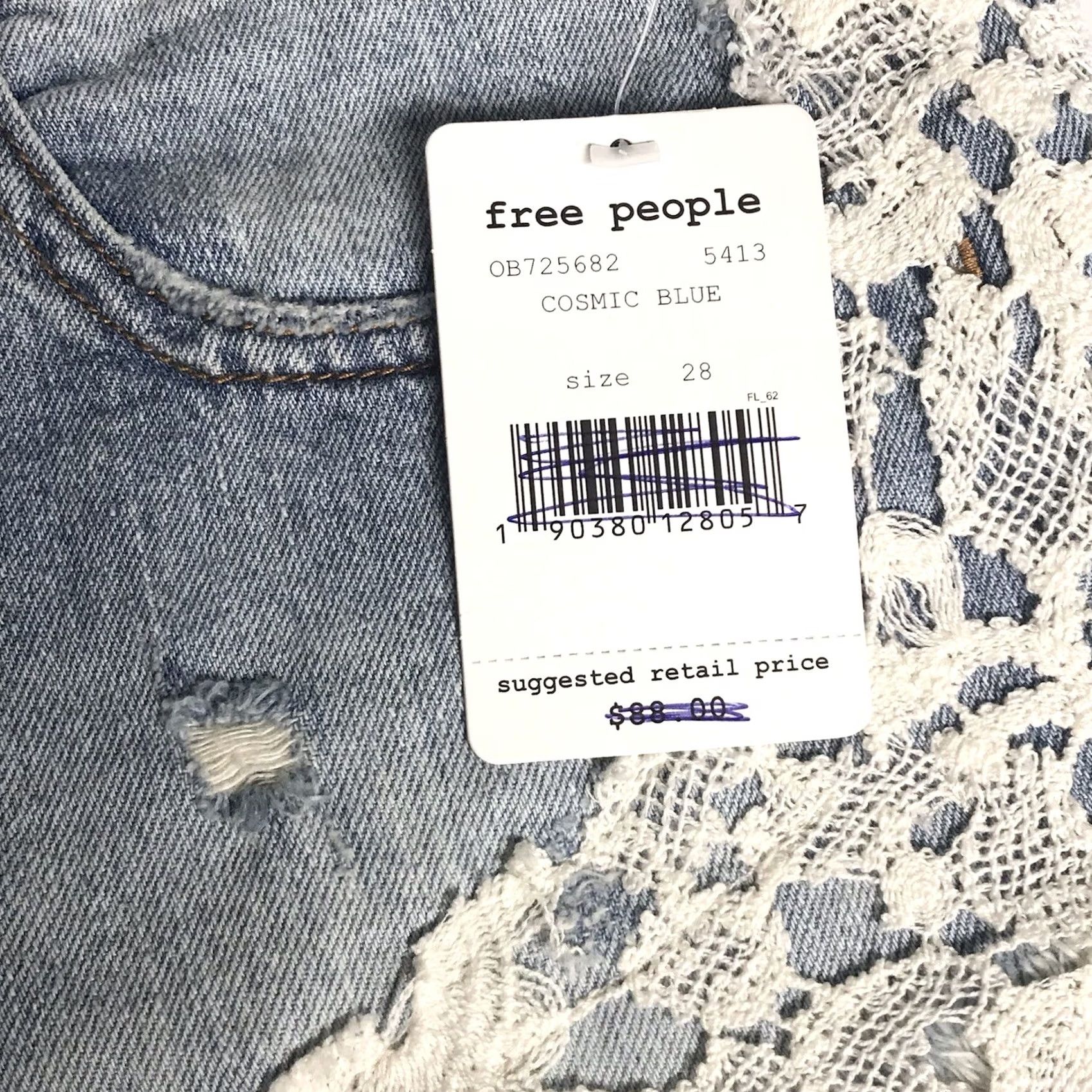 Free People Free People Denim Shorts Blue 28 Regular 4.5 in Inseam Distressed Frayed Hi-Low Lace 5-Pocket Boho Hipster Beach Festival Button Zipper Non N/A Size 28" / US 6 / IT 42 - 4 Thumbnail