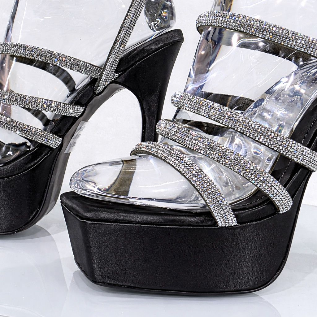 Other Maui Black Satin 6" Flared Platform High Heels Rhinestone St Size US 9 / IT 39 - 5 Thumbnail
