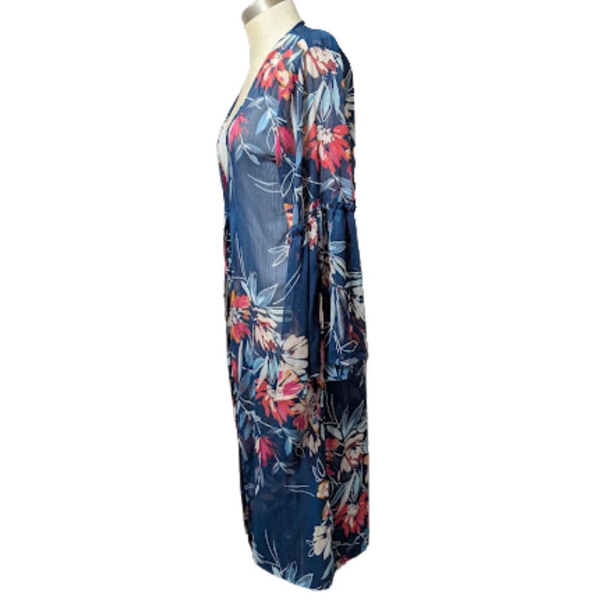 Unknown London Band of Gypsies Navy Floral Semi Sheer Bell Sleeve Duster XS Size XS / US 0-2 / IT 36-38 - 4 Thumbnail