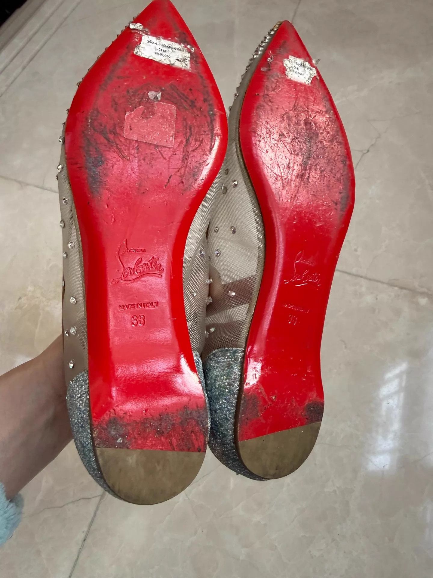Christian Louboutin CL Wmns Nude Pointed Toe Tulle Crystal Flats 38 (Worn 1-2x) Size US 7.5 / IT 37.5 - 6 Thumbnail