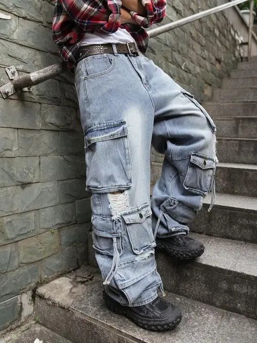Jean × Vintage Washed 90s Cargo Ripped Distressed Jeans Size US 32 / EU 48 - 4 Thumbnail