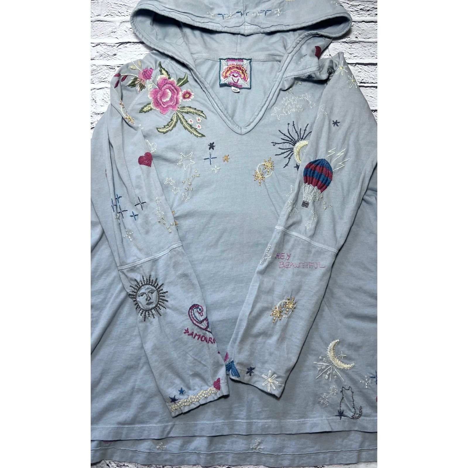 Johnny Was Johnny Was Hoodie Shirt Beach Small Blue Womens Pullover V-Neck Summer Sun & Moon Love Cherries Activewear Beach Size S / US 4 / IT 40 - 3 Thumbnail
