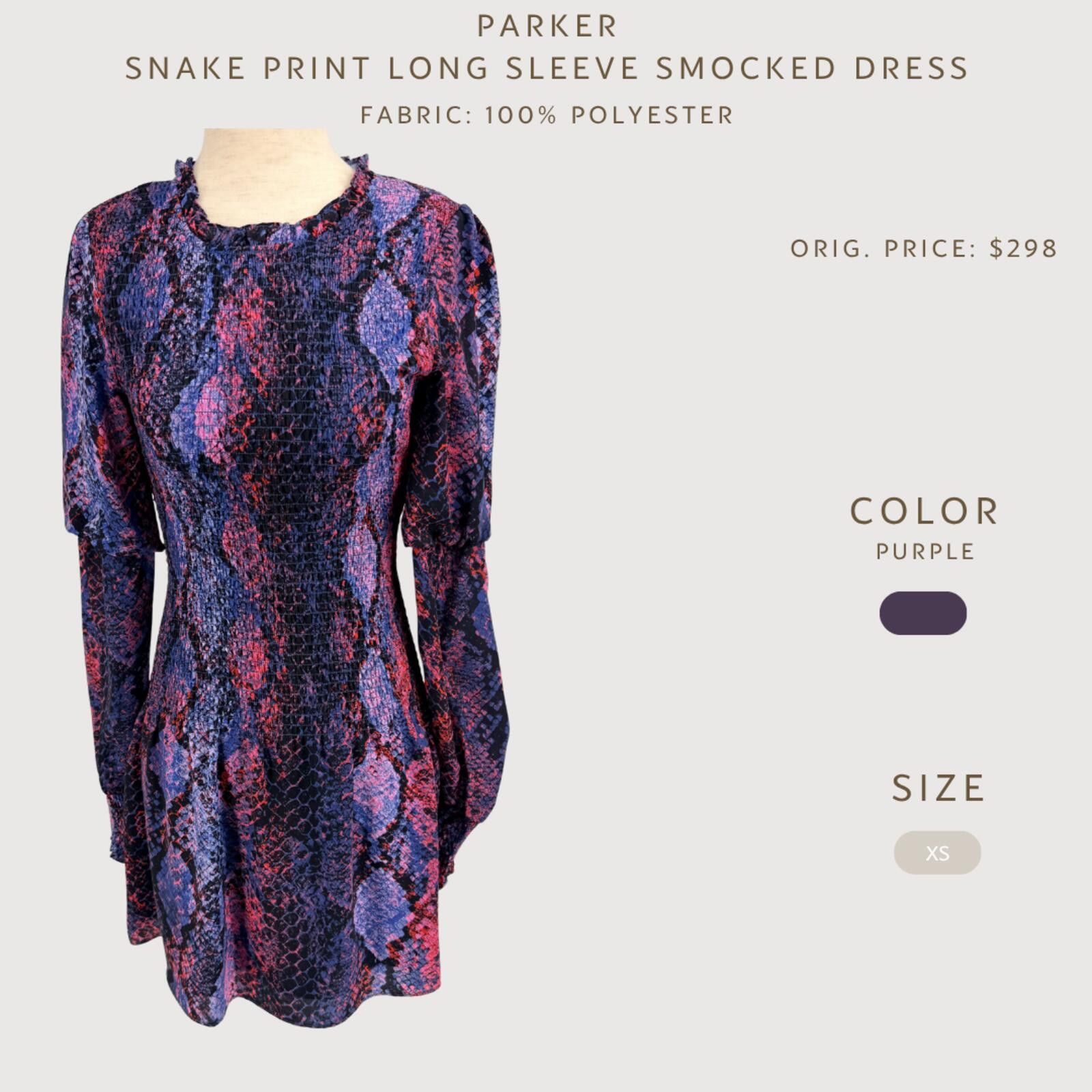 Packer Shoes Parker Snake Print Smocked Mini Dress Long Sleeve Purple XS Size XS / US 0-2 / IT 36-38 - 2 Thumbnail