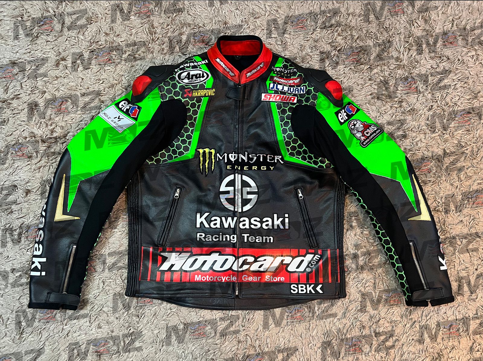 image of Kawasaki Leather Motorbike Racing Jacket Bikers Jacket in Black/Neon Green, Men's (Size Large)