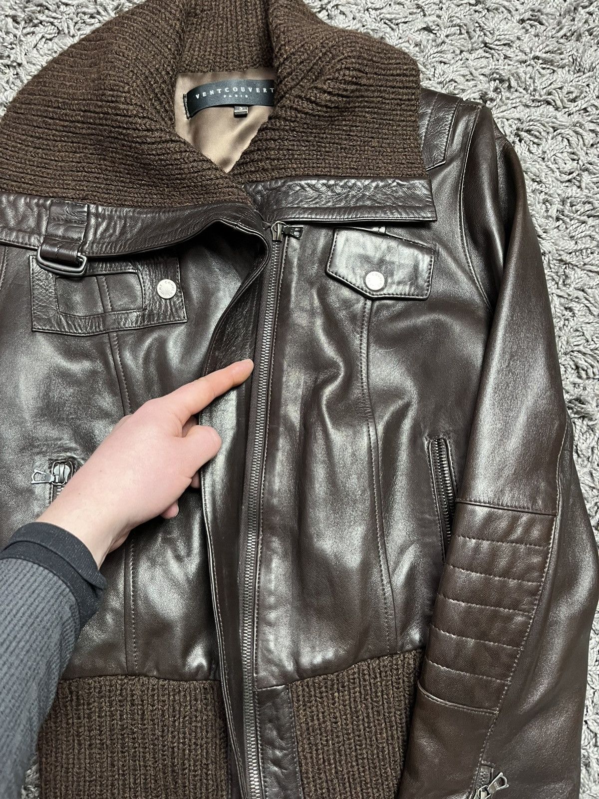 Japanese Brand Ventcouvert Paris Brown Leather Bomber Jacket Knit Collar Size M / US 6-8 / IT 42-44 - 6 Thumbnail
