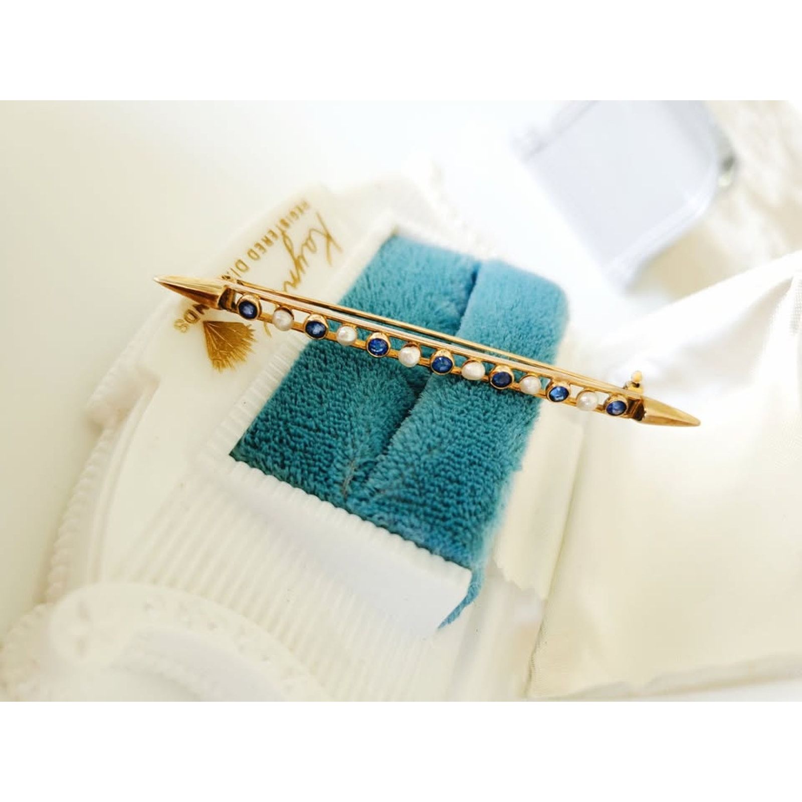 Other Antique Sapphire and Seeded Pearl Bar Pin 10K Solid Gold Size ONE SIZE - 3 Thumbnail