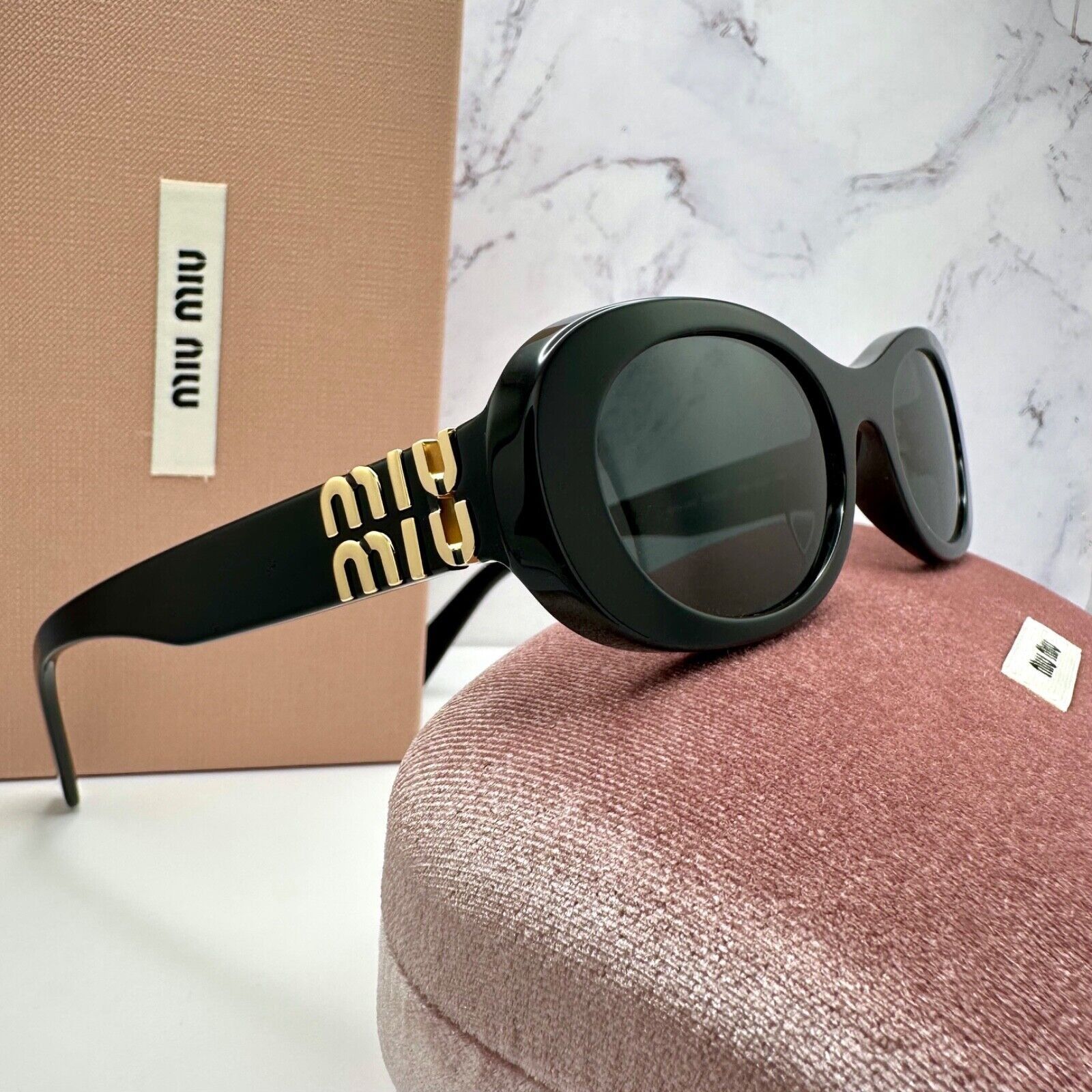 Miu Miu New MIU MIU Sunglasses Black Oval Gold Metal Logo Authentic Size ONE SIZE - 19 Thumbnail