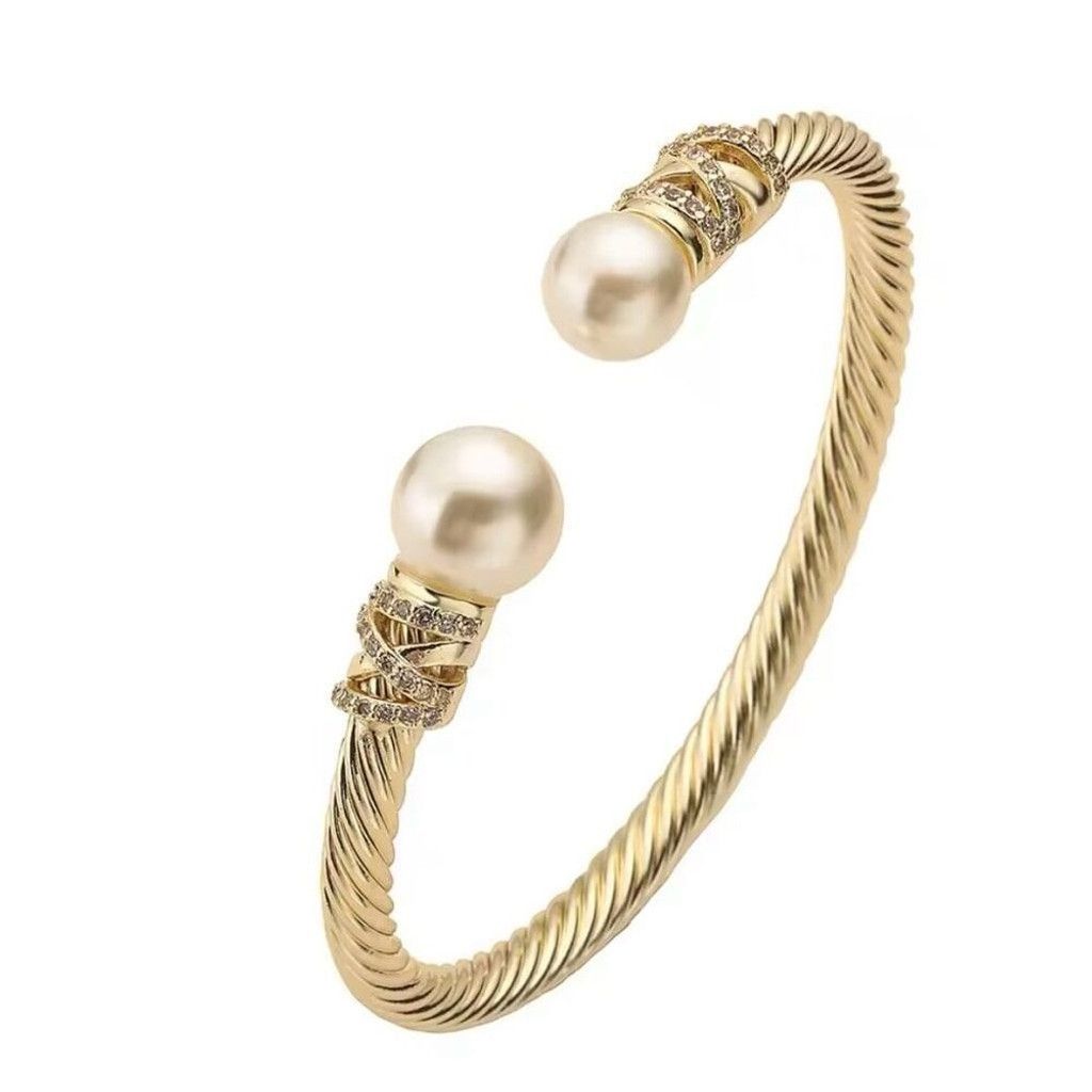 Other Gold Twisted Crystal Rhinestone & Pearl Cable Cuff Bracelet Size ONE SIZE - 1 Thumbnail