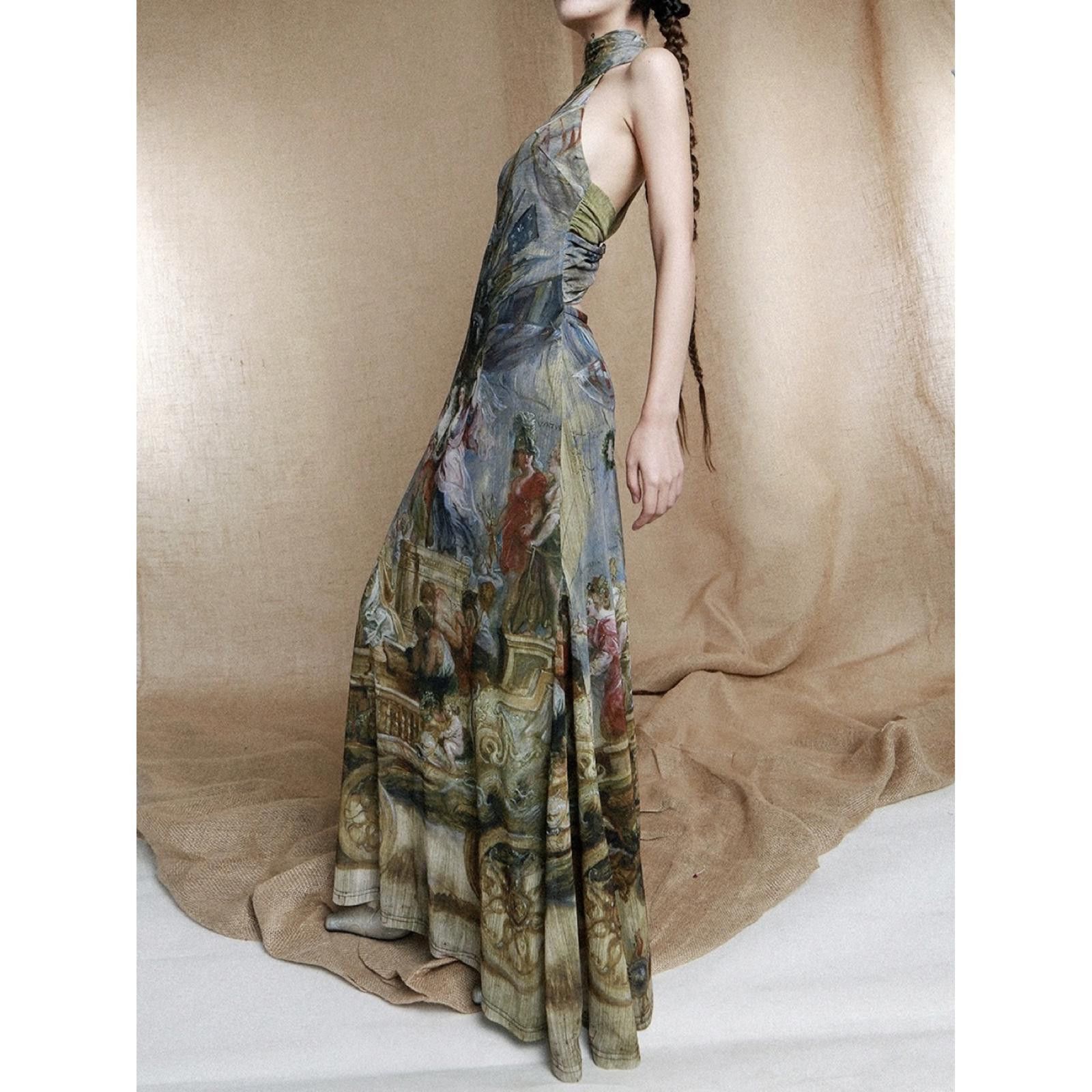 Japanese Brand Vintage Style Painting Print Halter Maxi Dress M Size M / US 6-8 / IT 42-44 - 3 Thumbnail