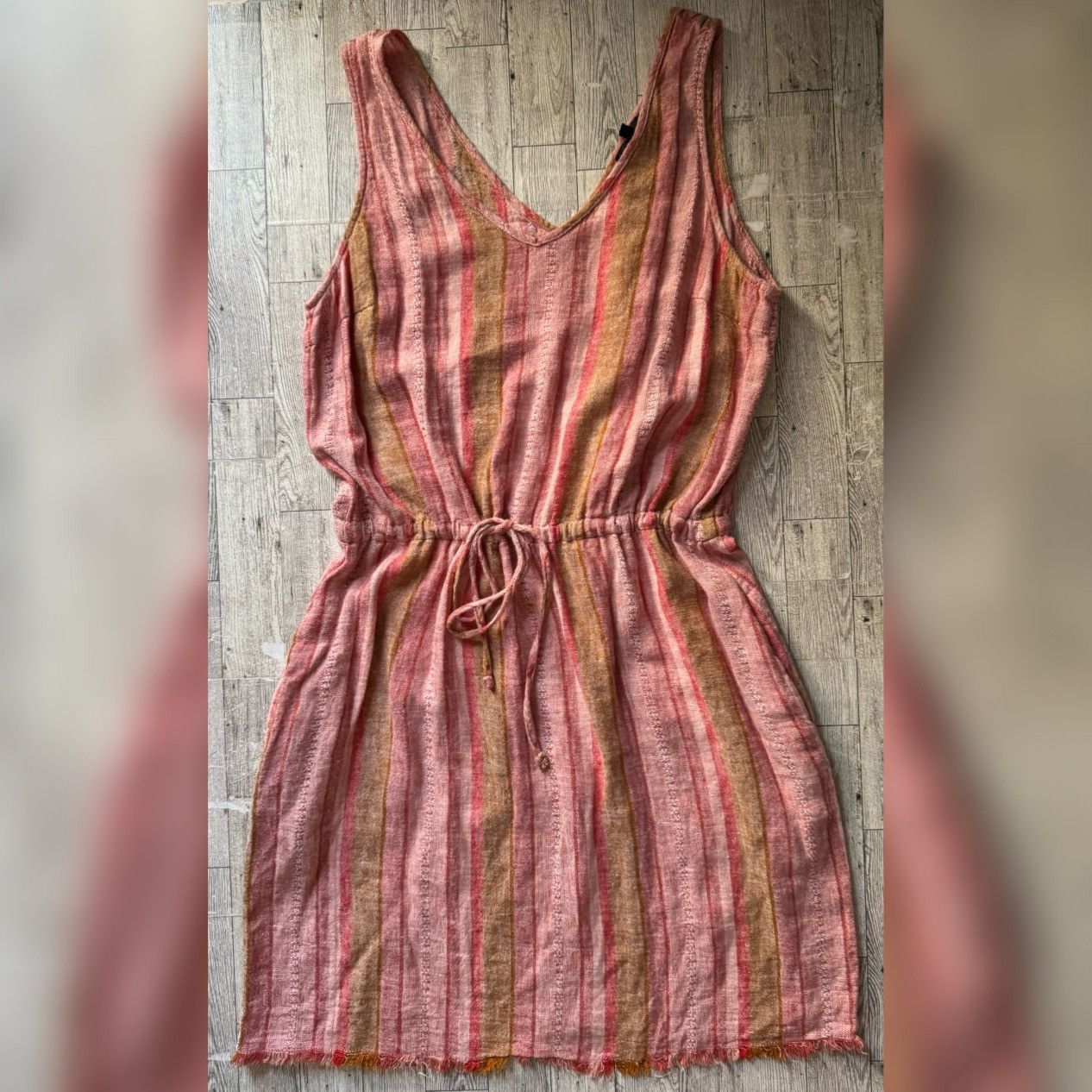 Anthropologie × Drew DREW Red Nat Dobby, Striped, Drawstring Linen Dress Size L / US 10 / IT 46 - 7 Thumbnail