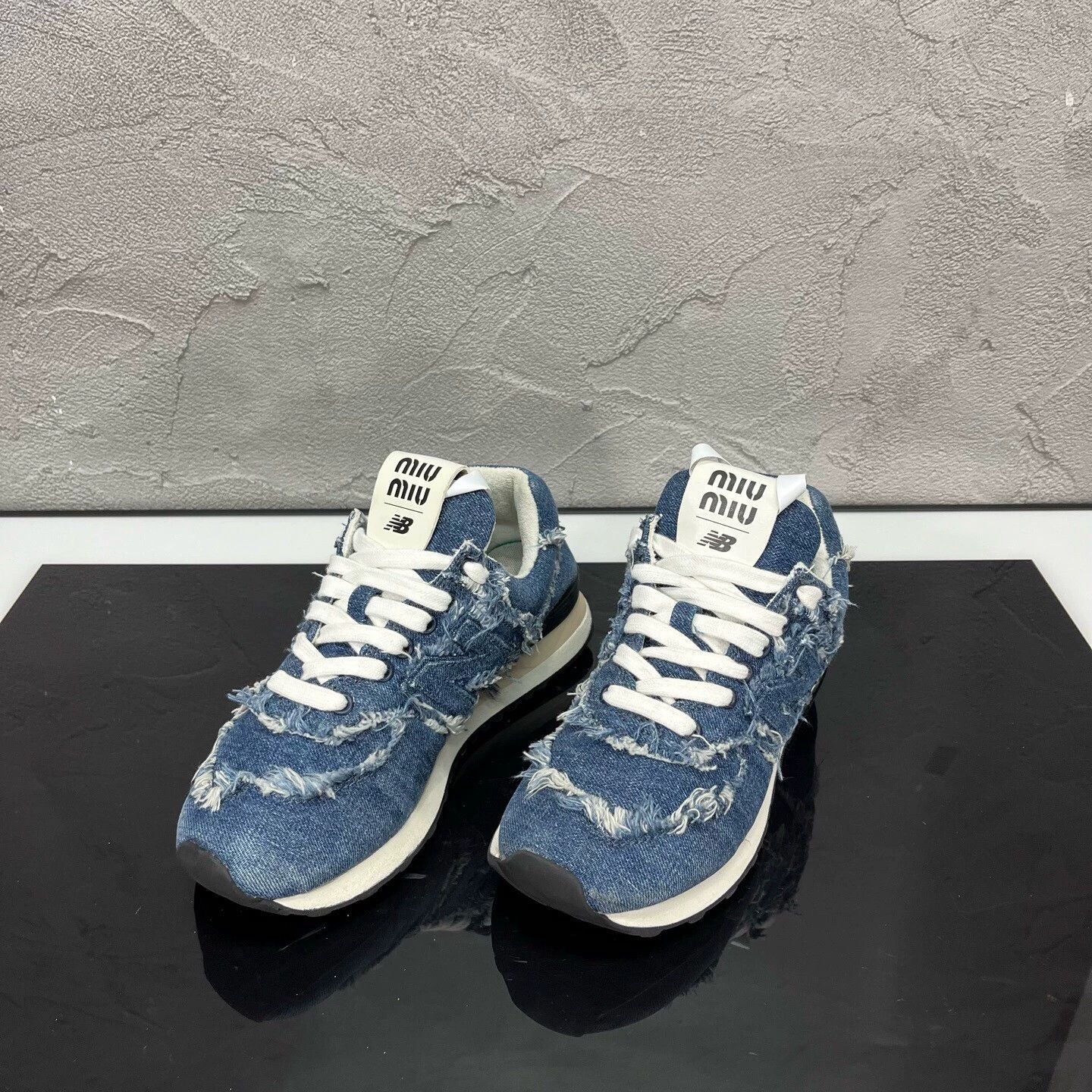 Miu Miu MIUMIU x NB574 distressed denim sneakers Size US 5 / EU 37 - 2 Thumbnail