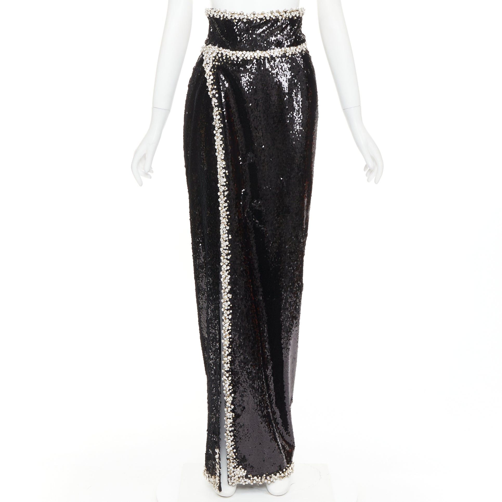 Alexandre Vauthier rare ALEXANDRE VAUTHIER COUTURE 2021 black sequinned silver crystal bordered split maxi skirt Size S / US 4 / IT 40 - 1 Thumbnail