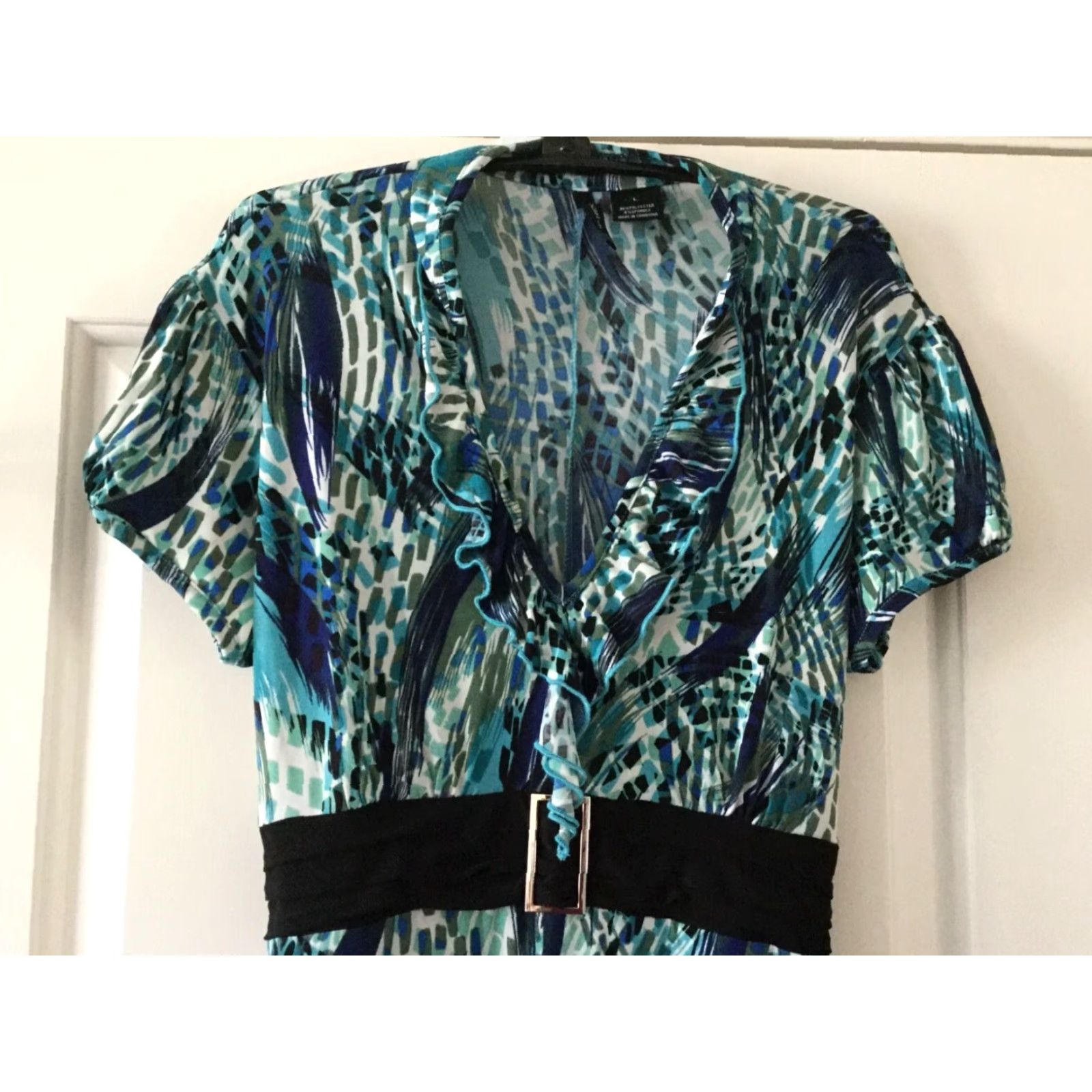 Vintage New Directions Woman's Geometrical Print Dress Belt Look Black Teal Blue Large Satin? Size L / US 10 / IT 46 - 2 Thumbnail