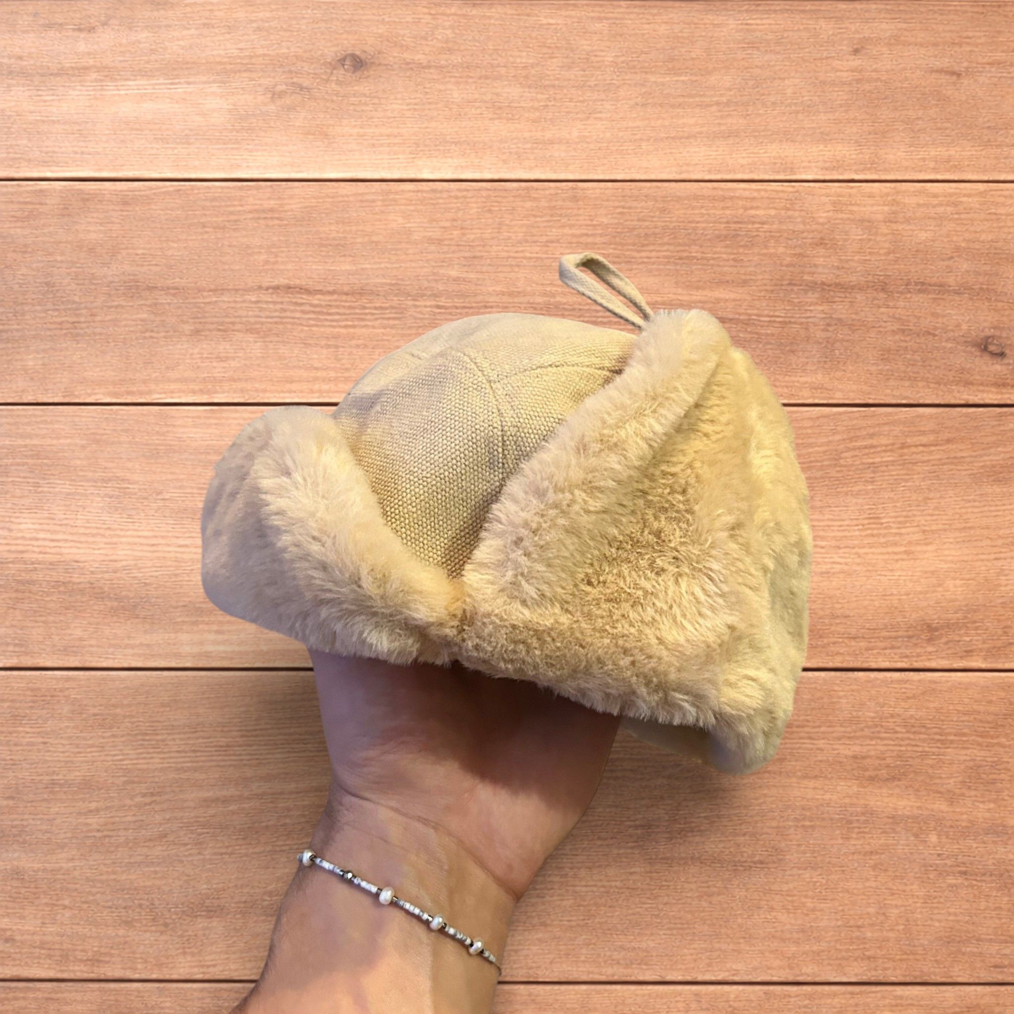 Japanese Brand Russian trapper ear flap hat in cream/beige colour way. Size ONE SIZE - 2 Thumbnail