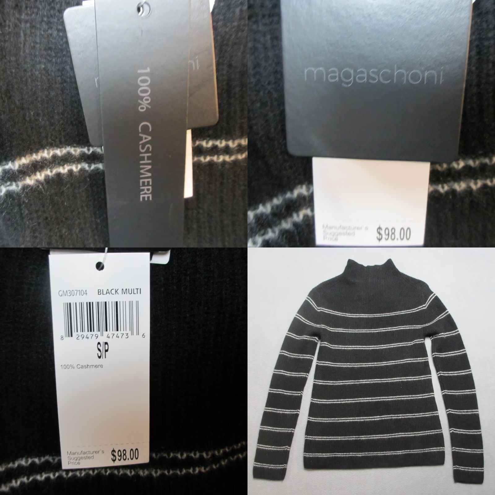 Vintage Magaschoni Sweater Womens Small Black White Striped Cashmere Rib Knit Mock Neck Size S / US 4 / IT 40 - 8 Thumbnail