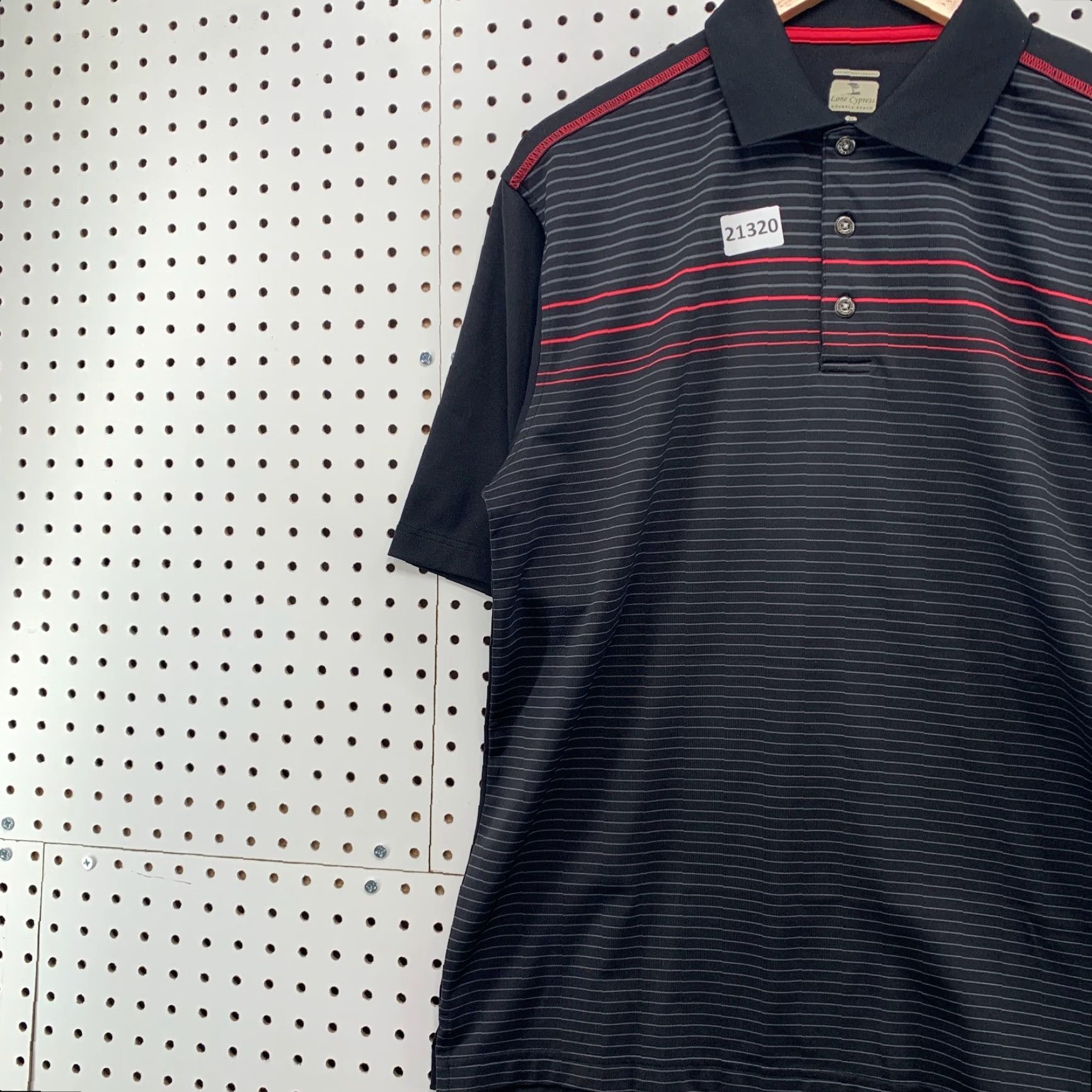 Vintage Pebble Beach Lone Cypress Performance Polo Shirt – Striped Black Red, Mens Medium, Polo, Short Sleeve, Knit Blended Fabric, 90s-Event Style? Size US M / EU 48-50 / 2 - 3 Thumbnail