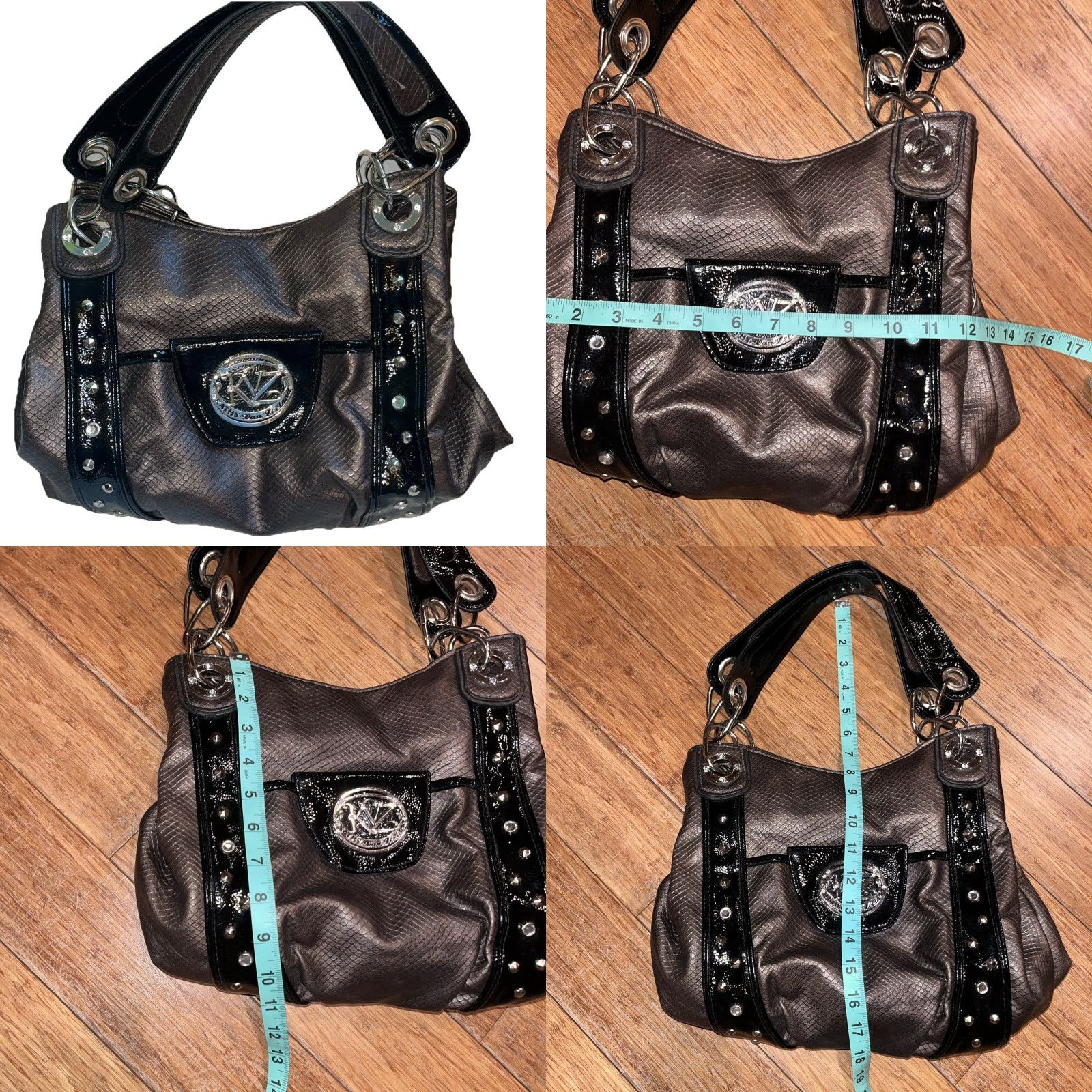 Doublet VINTAGE Kathy Van Zeeland Shoulder Bag Croc Embossed Brown Black Silver Studs Slouchy Boho Double Straps Size ONE SIZE - 11 Thumbnail
