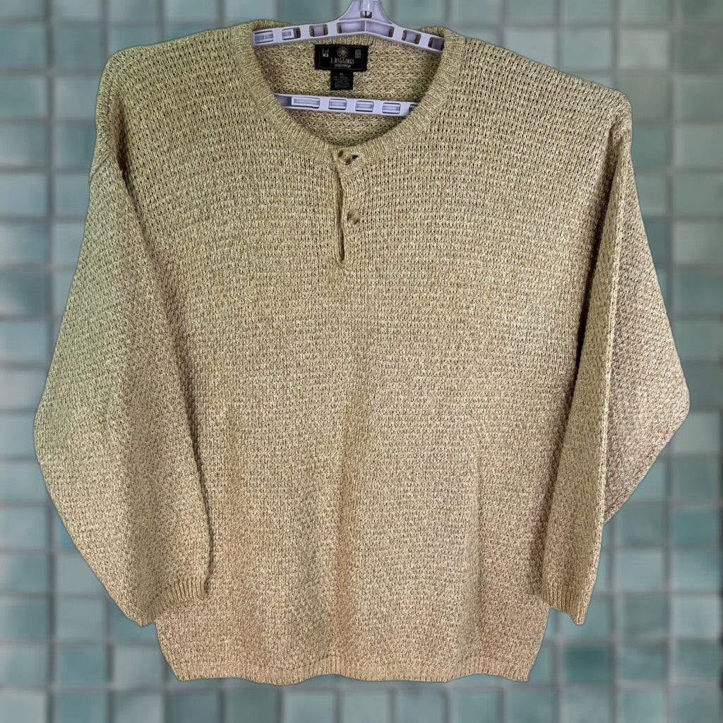 Vintage J.RIGGINS Chunky Knit Henley Sweater XL Beige Cotton Blend Casual 90s Mens Size US XL / EU 56 / 4 - 1 Thumbnail