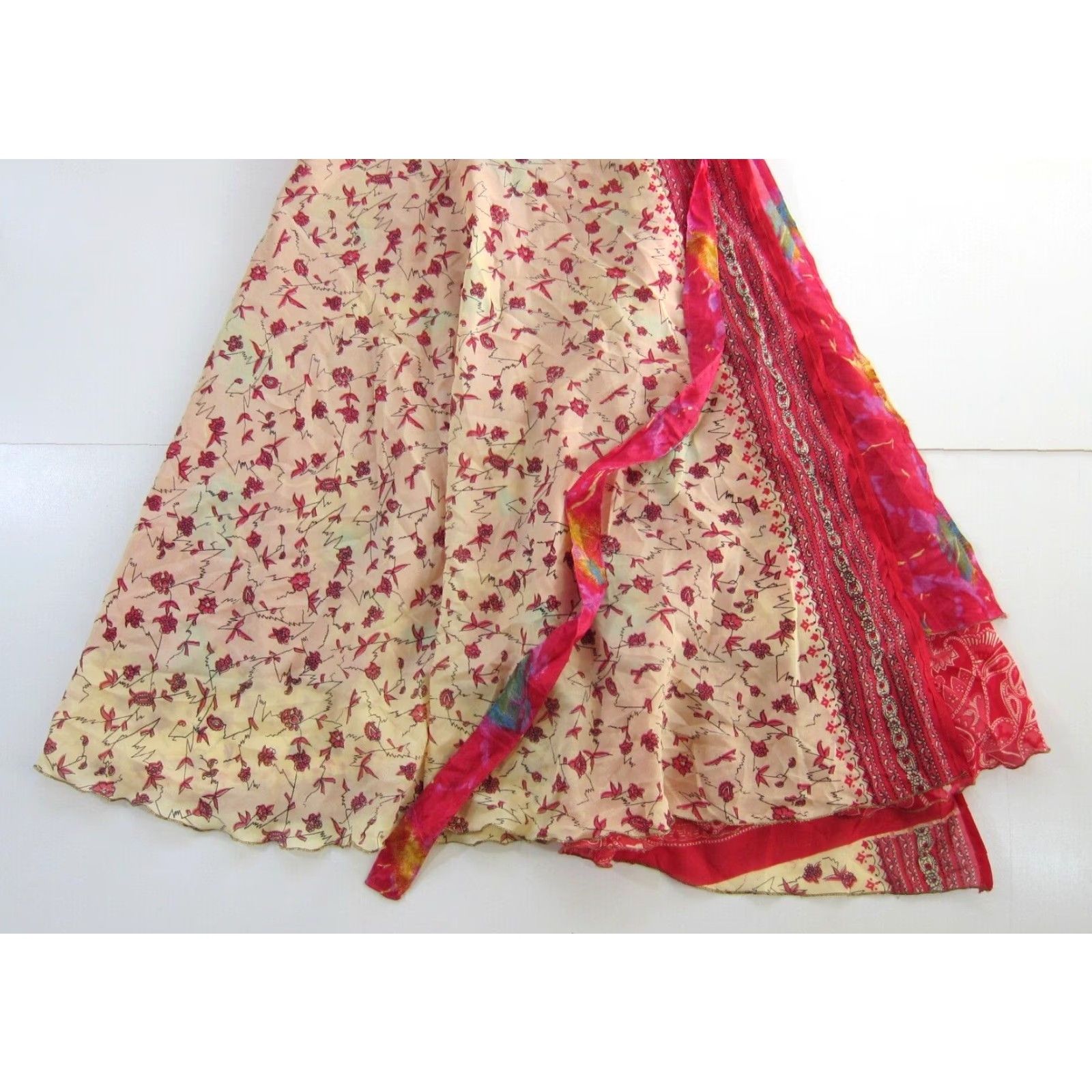 Pinko VINTAGE India Silk Pink Green Yellow Floral Reversible long Maxi Wrap Skirt OS Size 42" / US 20 - 5 Thumbnail