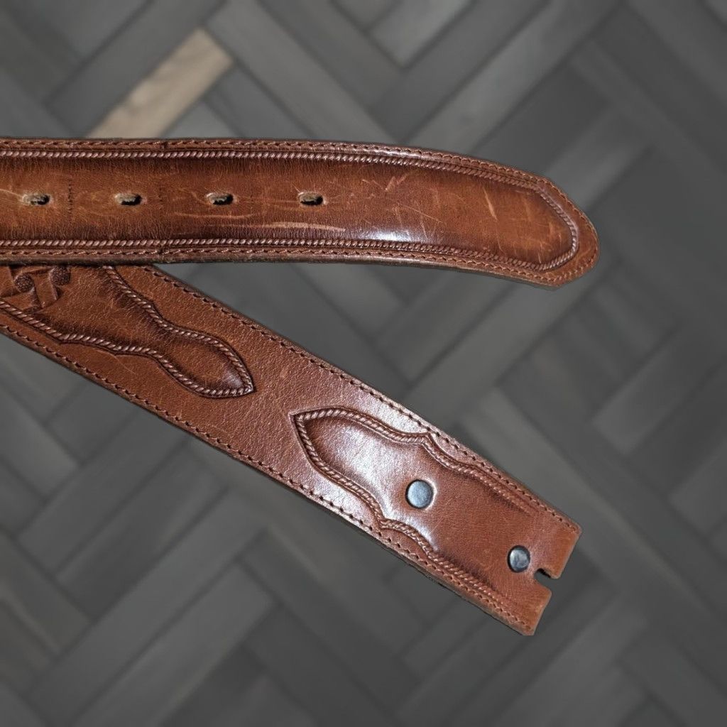 Vintage VINTAGE Justin Western Belt 32 Brown Tooled Cowhide Leather USA Made Belt Men Size 32 - 1 Thumbnail