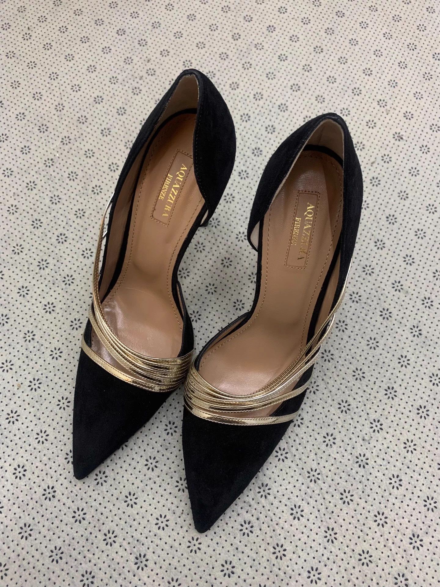 Aquazzura Aquazzura Pineapple Runway Stiletto Gold Suede Black 39 Size US 8.5 / IT 38.5 - 1 Thumbnail