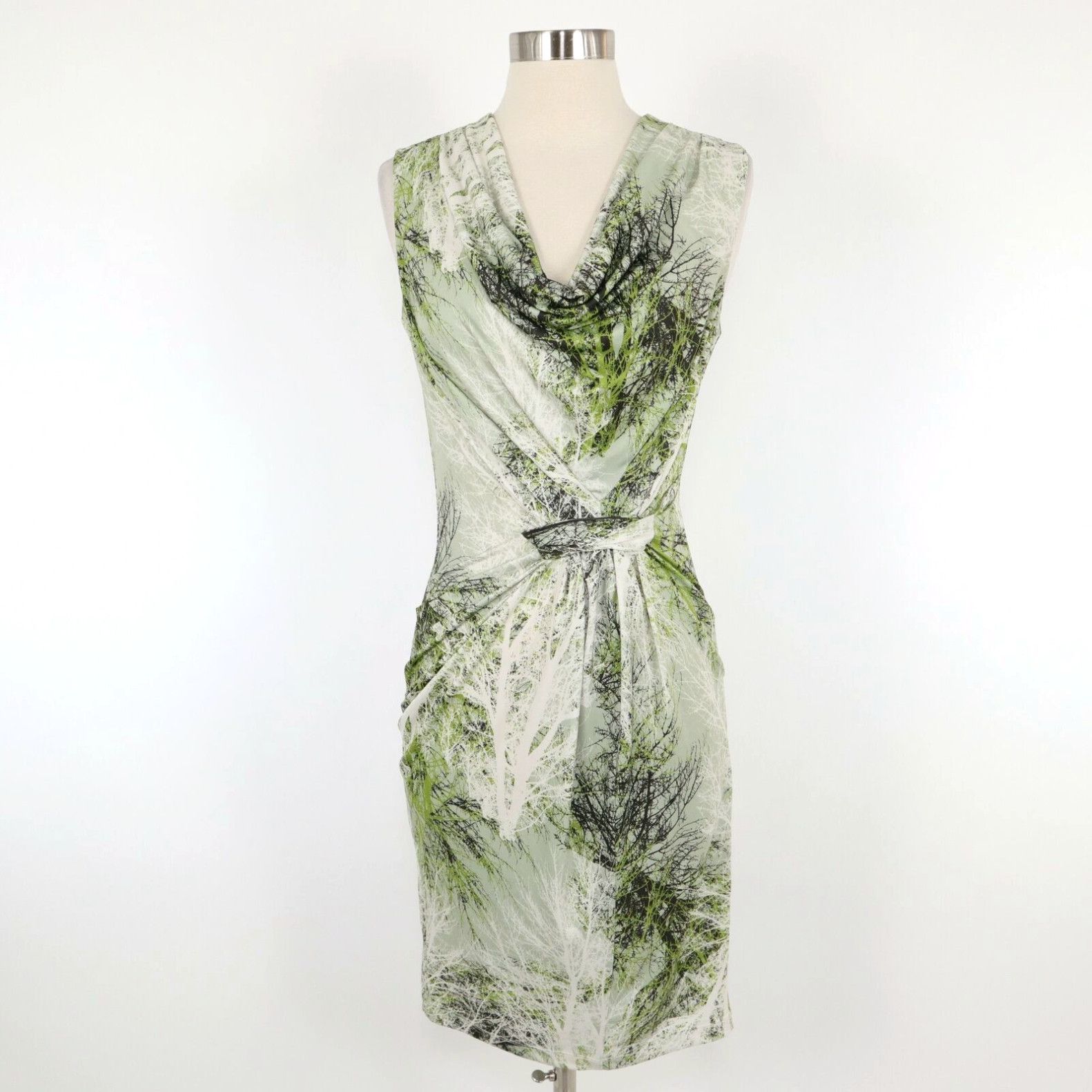 image of Vintage Komarov Sheath Dress Xs Sleeveless Cowl Neck Ruched Green White Tree Print, Women's