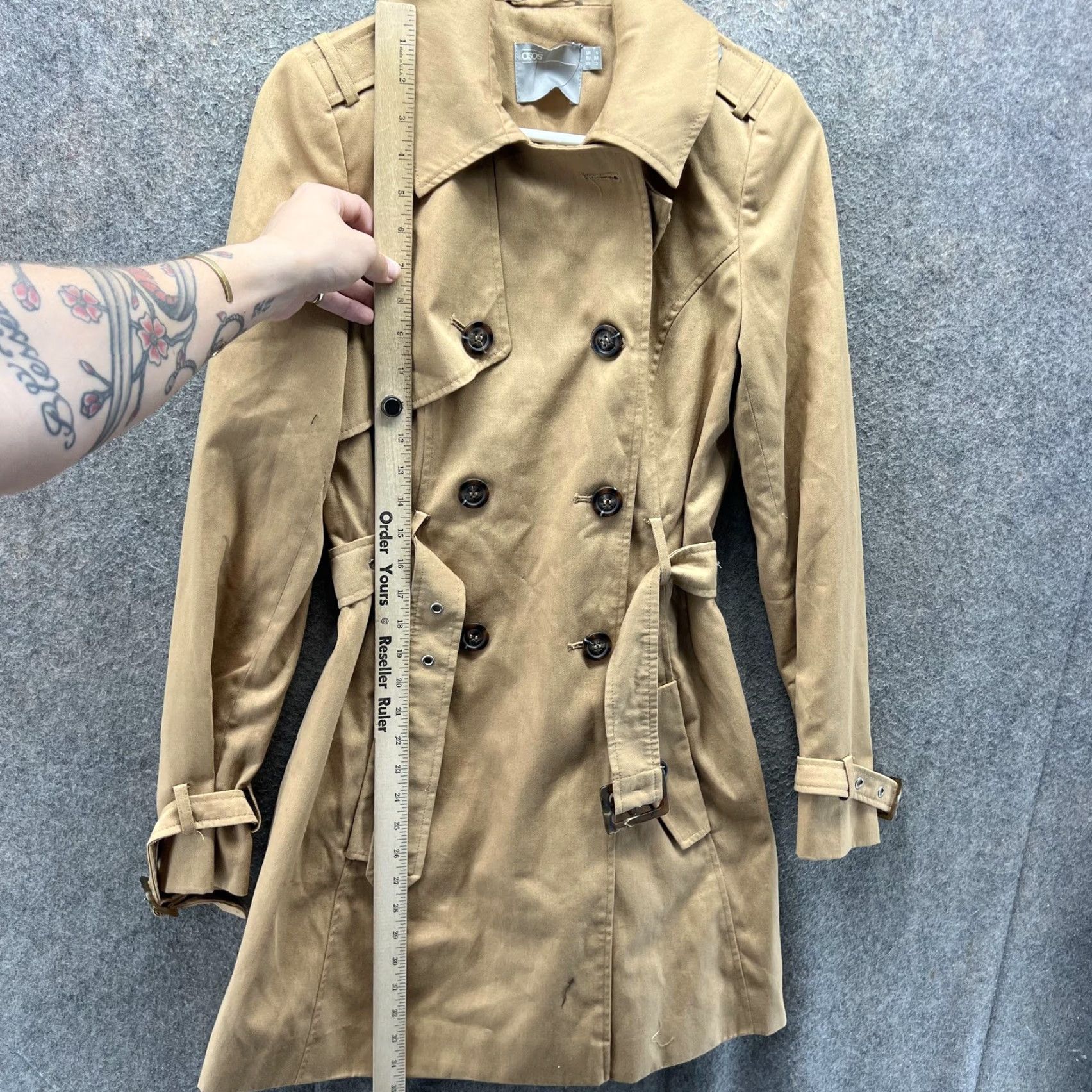 Asos ASOS Trench Coat Womens 2 Beige Cotton Twill Double Breasted Belted Classic Size XS / US 0-2 / IT 36-38 - 5 Thumbnail