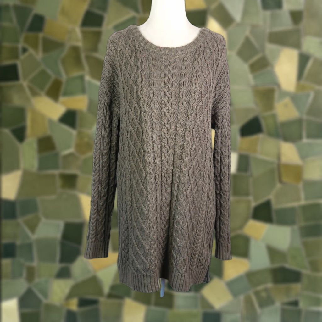 Olive VINTAGE Margaret O’Leary Olive Green 100% Cotton Cable Knit Tunic Sweater Side Zip S Womens Pullover Long Sleeve Knitted Casual 28" Length Size S / US 4 / IT 40 - 1 Thumbnail