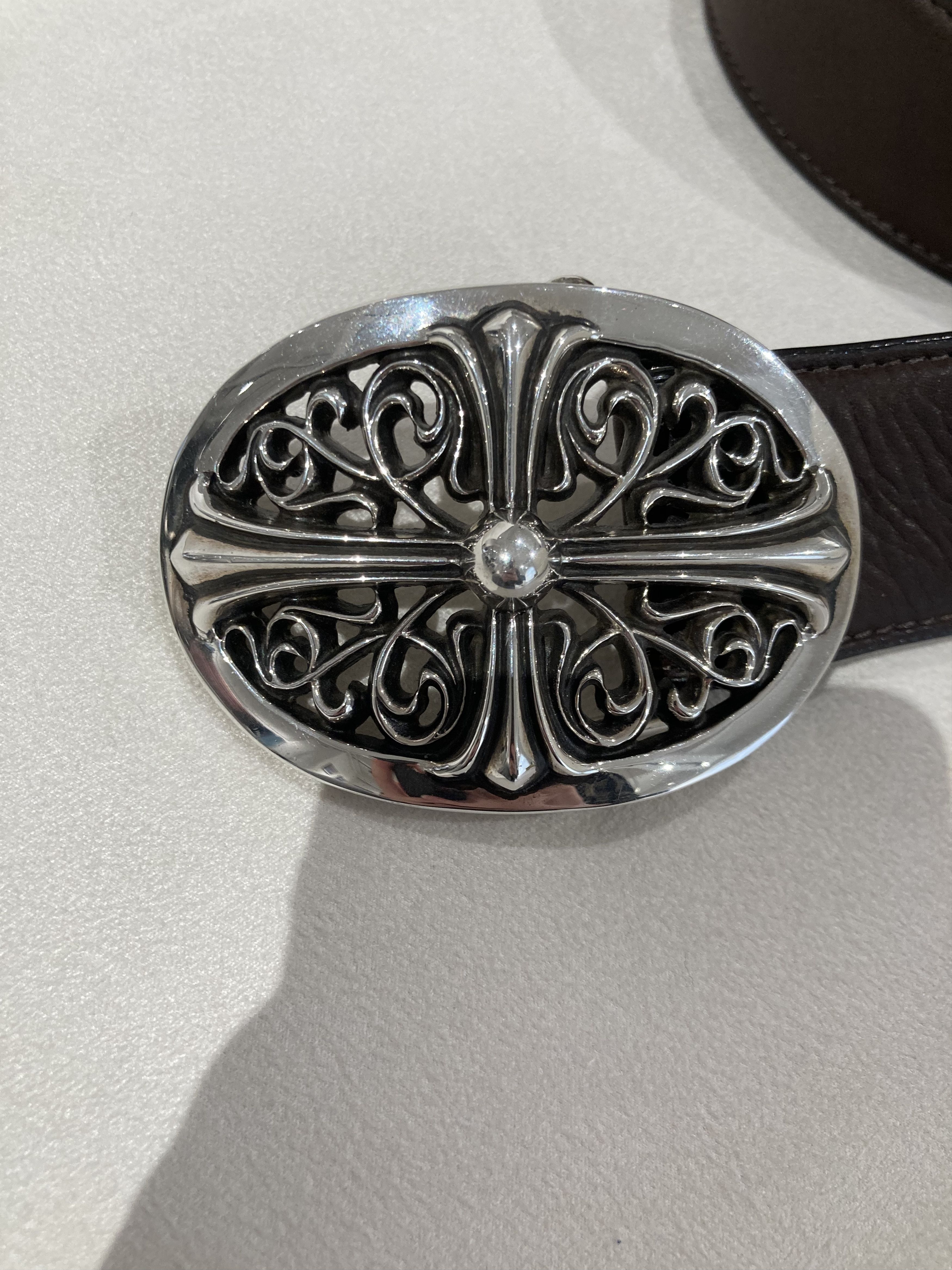 Chrome Hearts Chrome Hearts Silver Oval Keeper Cross Vine Brown Belt Size ONE SIZE - 3 Thumbnail