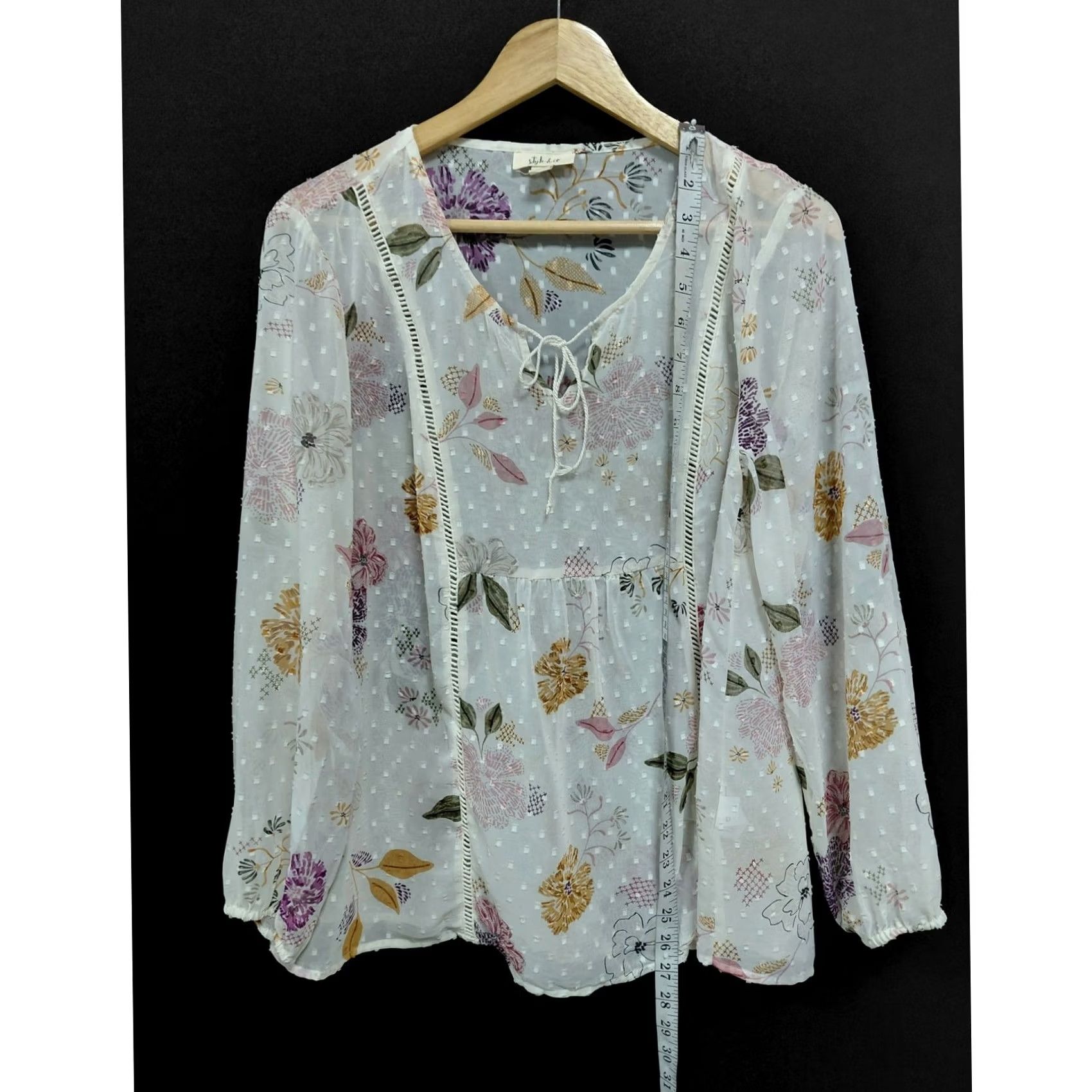 Style & Co Style & Co White Floral Blouse Women's M Long Sleeve V-Neck Woven Polyester Casual Workwear Size M / US 6-8 / IT 42-44 - 5 Thumbnail
