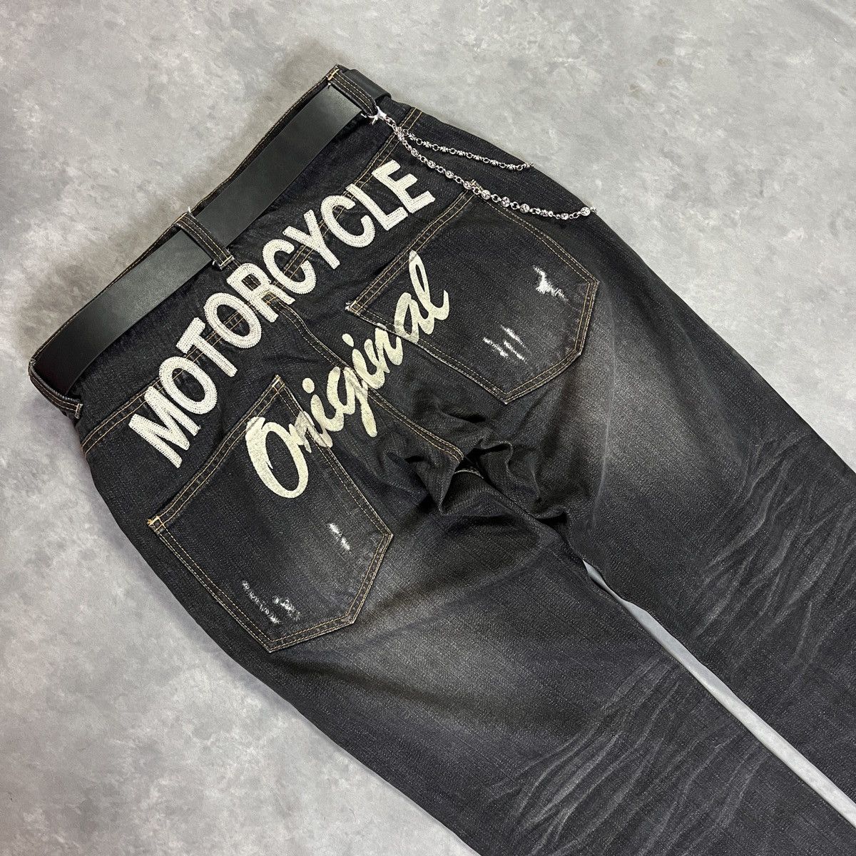 Japanese Brand Nylaus Japanese Motorcycle Dark Wash Distressed Biker Denim Size US 33 - 10 Thumbnail