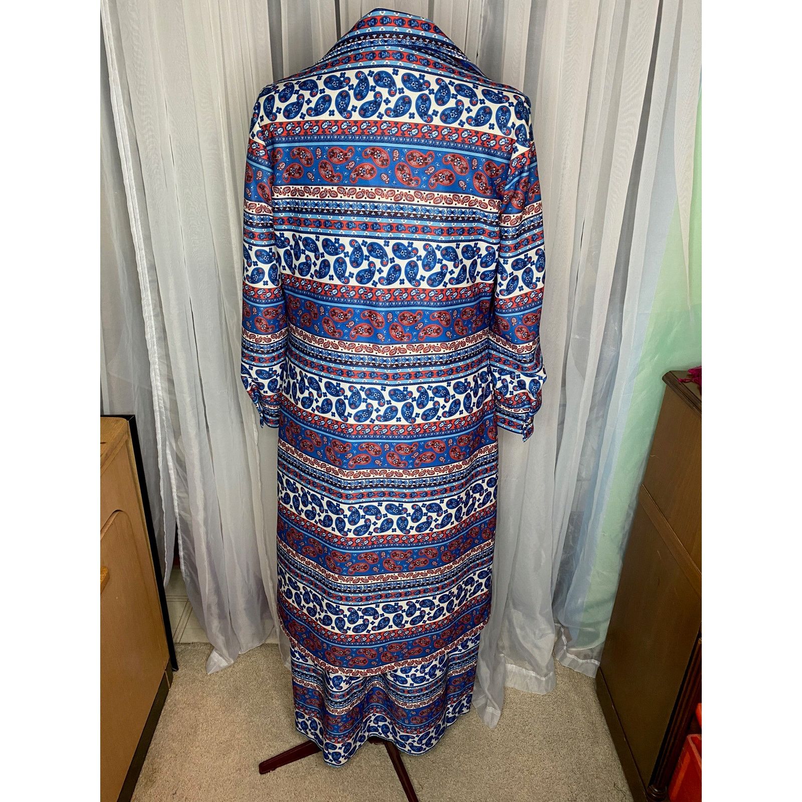 Vintage maxi dress with patterned yoke boho with coat white blue red Size XXL / US 16-18 / IT 52-54 - 8 Thumbnail