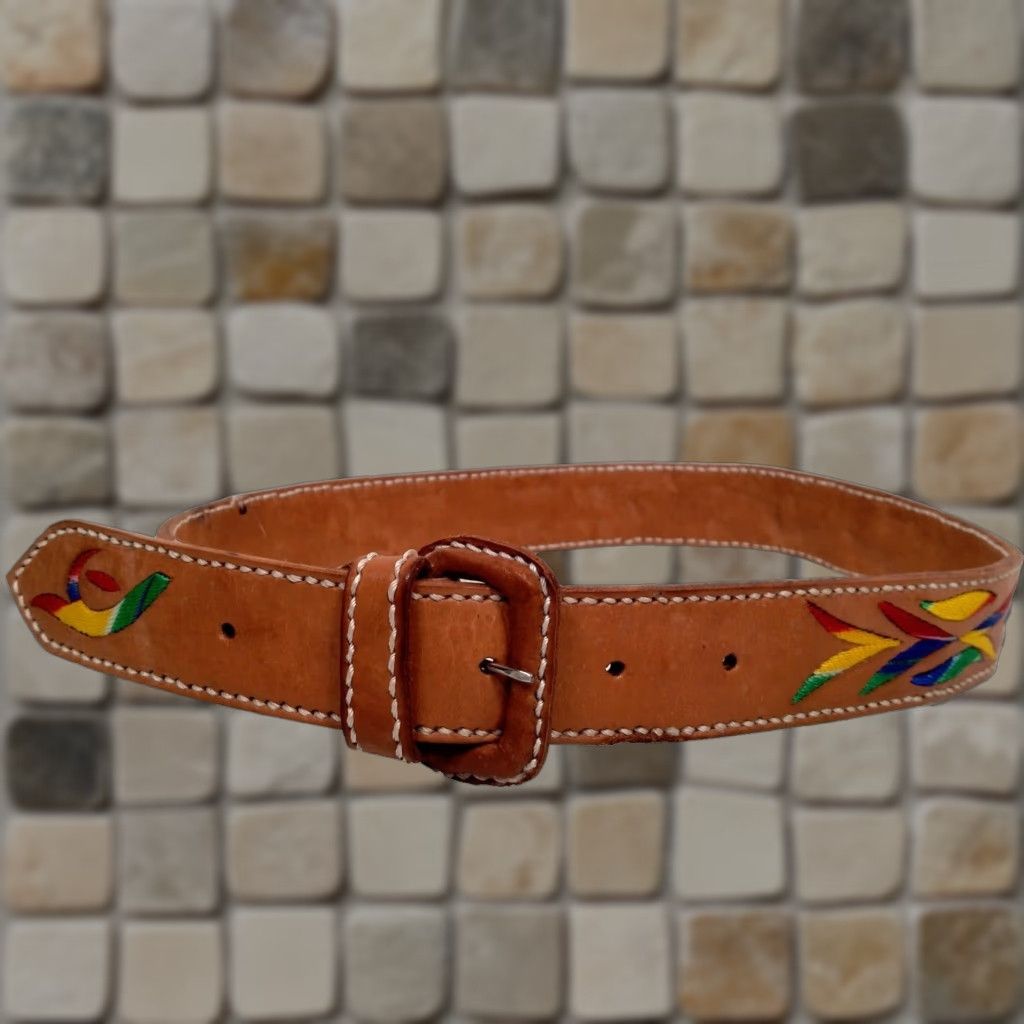 Vintage VINTAGE Belt Size 30 Leather Brown Embroidered 1 3/8" Adjustable Women Bohemian Tribal Artsy Ethnic Hippie Size ONE SIZE - 1 Thumbnail