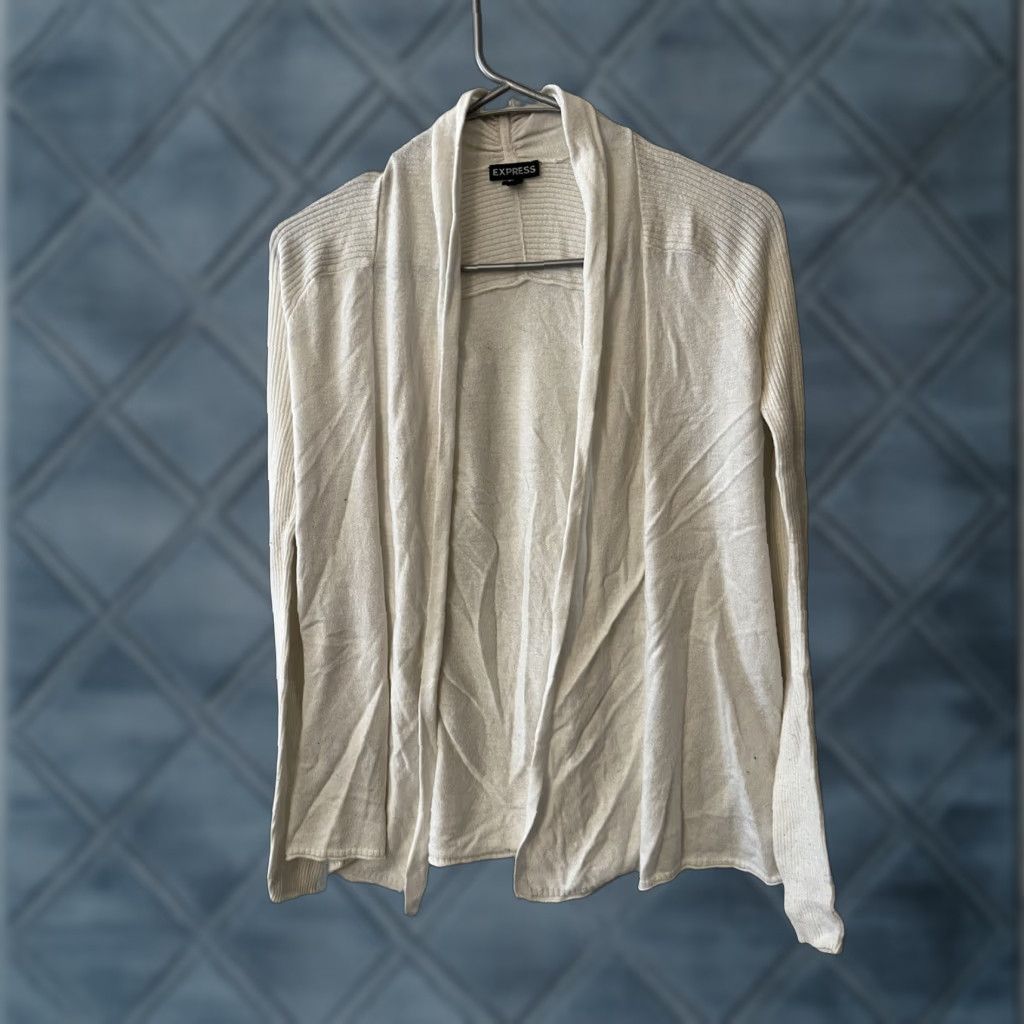 Express Express Cardigan Shirt Women’s Small White Long Sleeve Open Lightweight Knit Cotton Blend Solid Fall Spring Summer Winter Weather Size S / US 4 / IT 40 - 1 Thumbnail