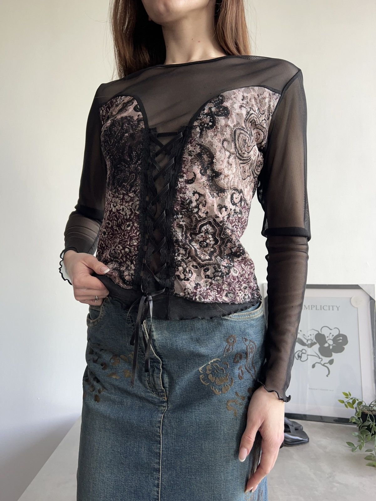 Vintage Stunning Lace long sleeve top blouse goth black y2k corset Size S / US 4 / IT 40 - 3 Thumbnail
