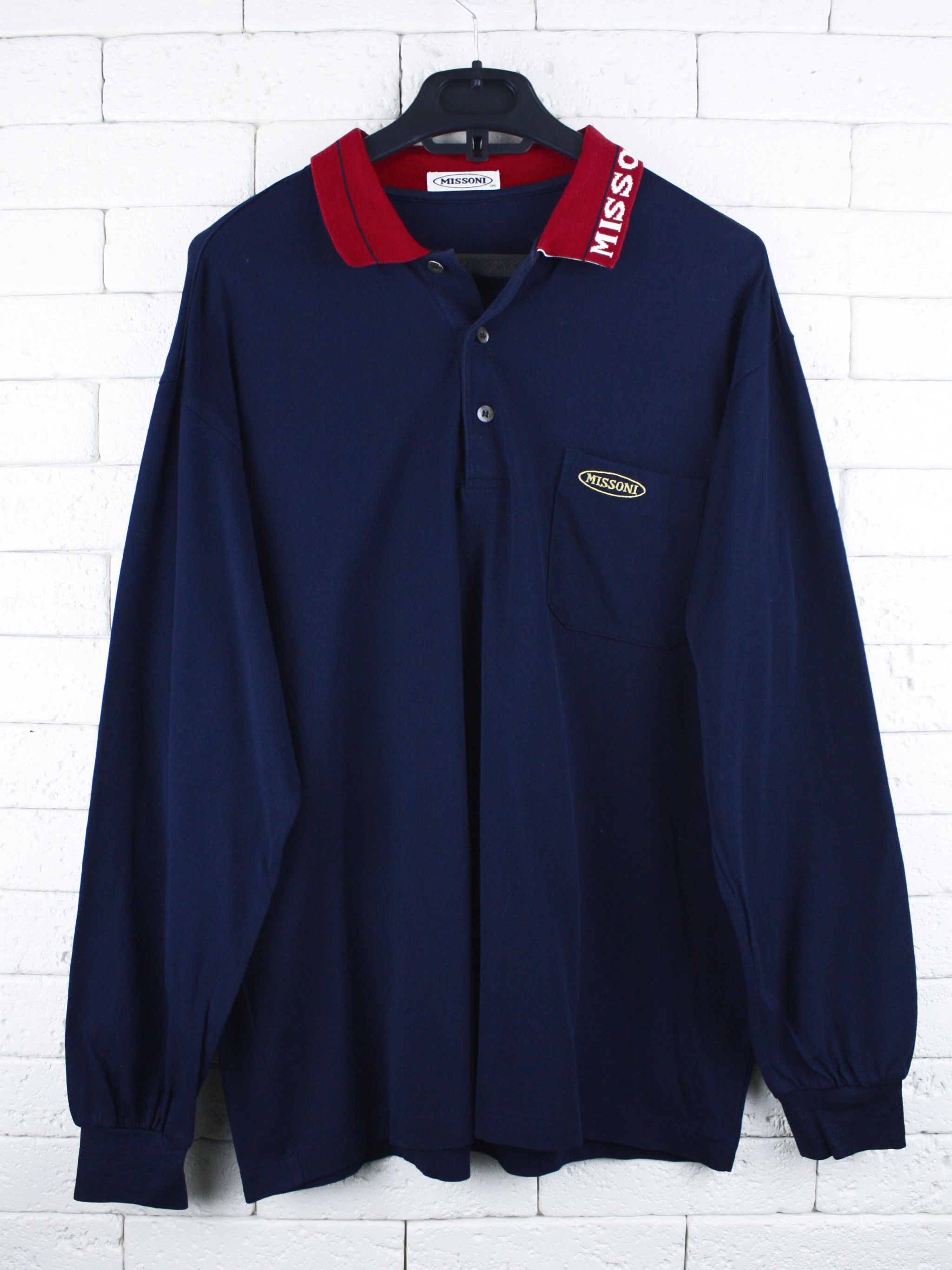 Missoni Missoni Vintage Long Sleeve Navy Polo Shirt with Red Collar Size US M / EU 48-50 / 2 - 1 Thumbnail