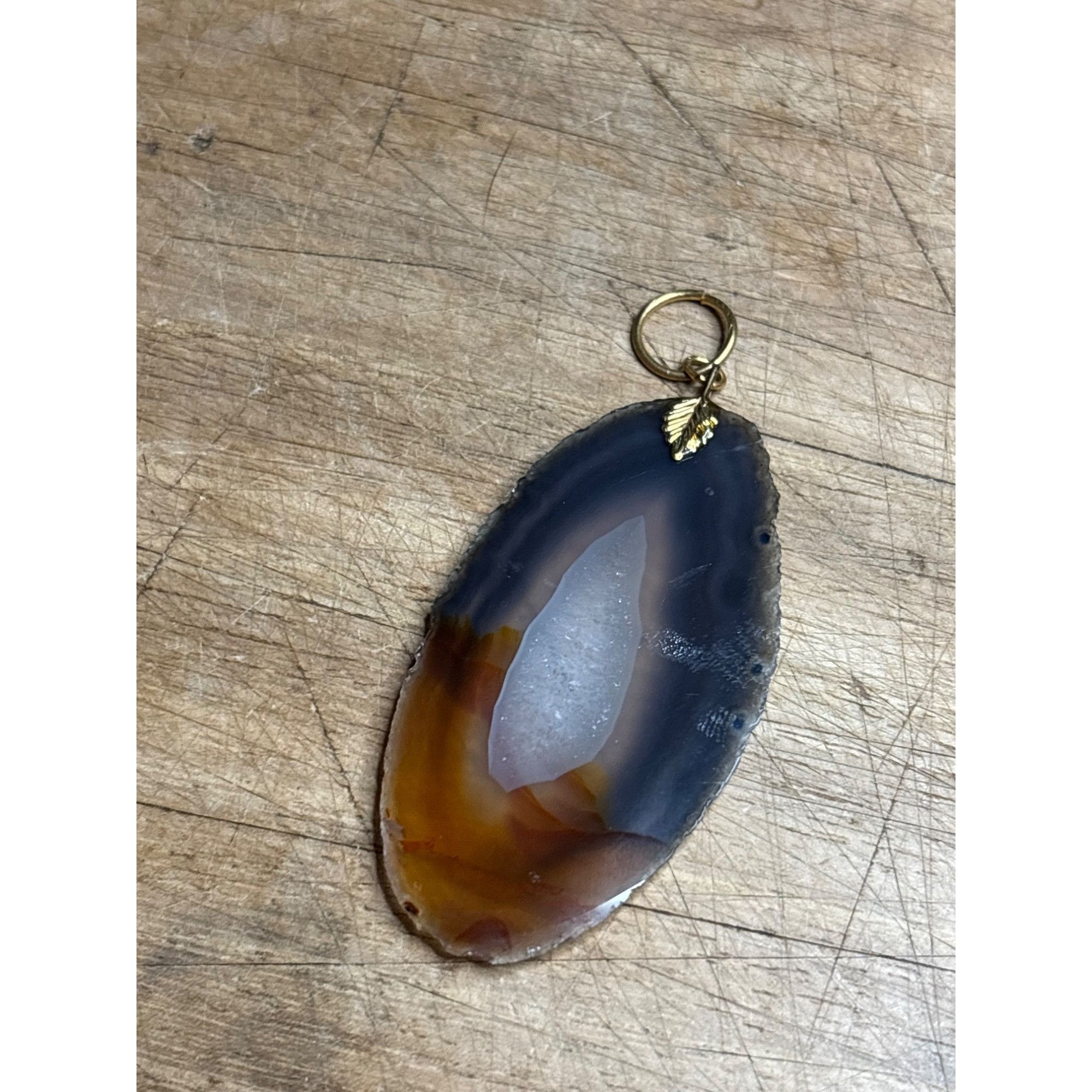 Other Natural Agate Slice Pendant With Gold Leaf Charm Size ONE SIZE - 1 Thumbnail