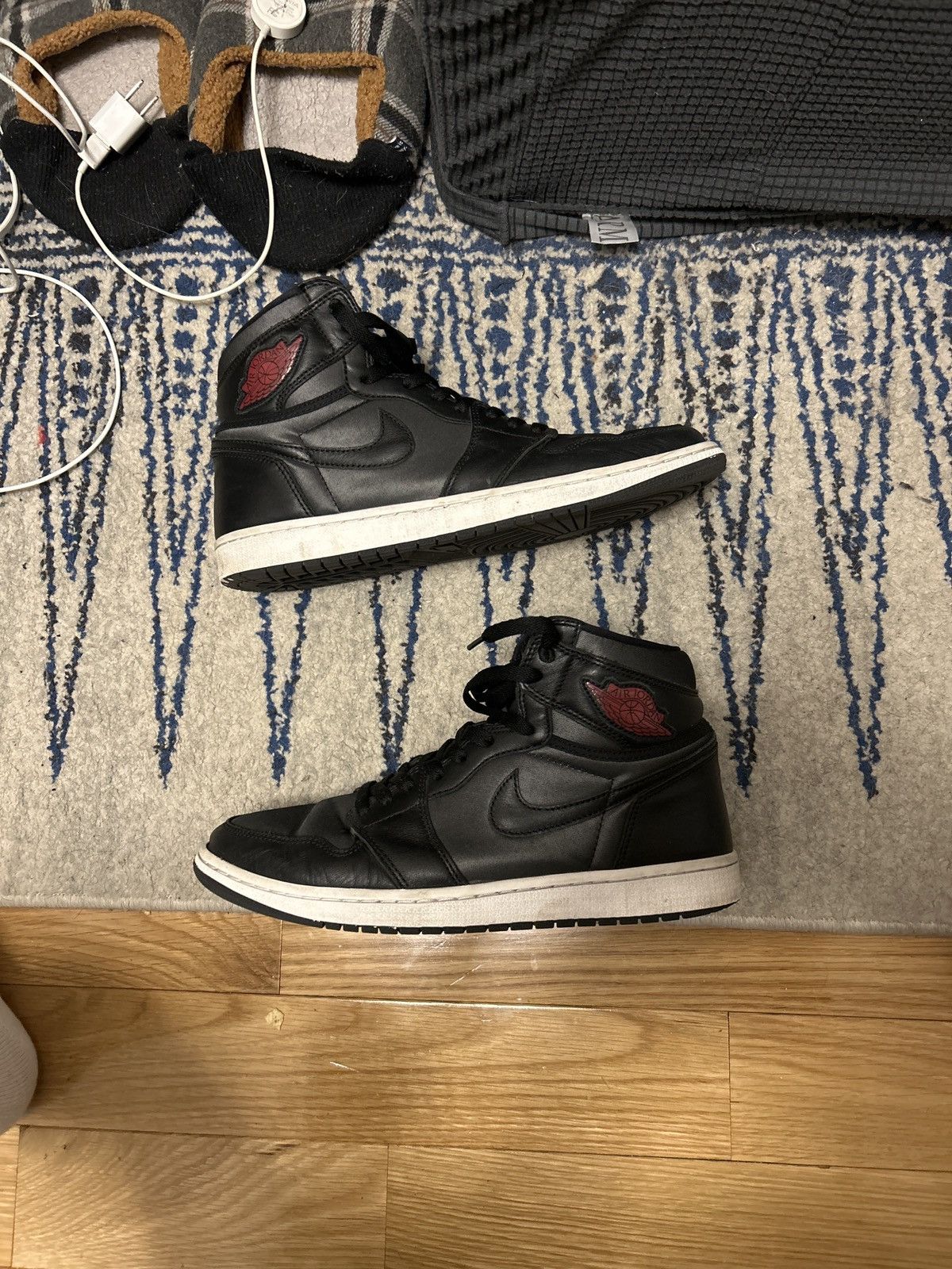 image of Jordan Nike Jordan 1 High Black Satin Shoes, Men's (Size 11)