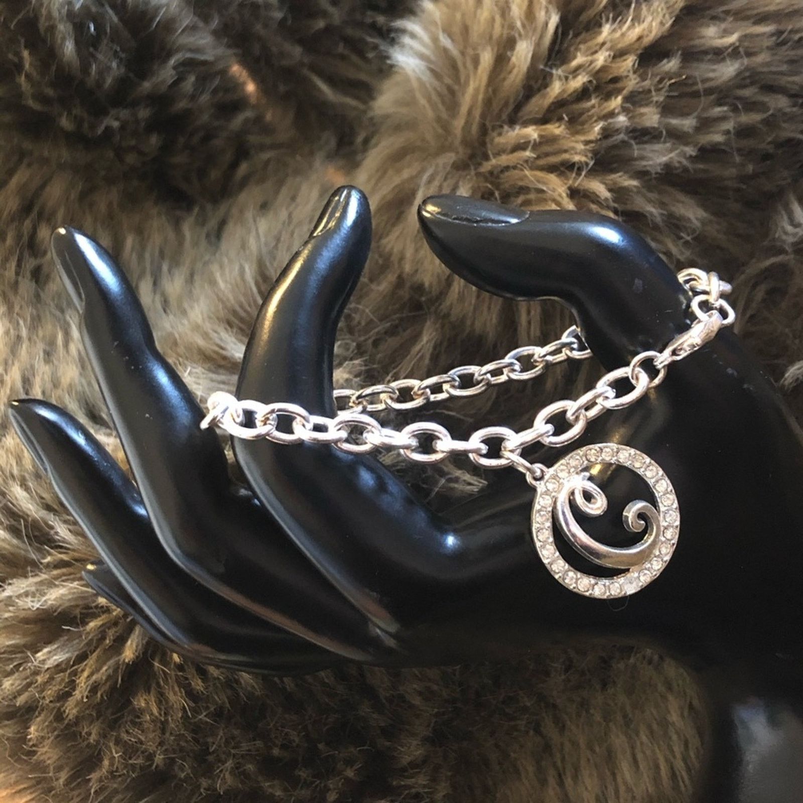 Jewelry Silver Monogram C Rhinestone Charm Bracelet, Women's