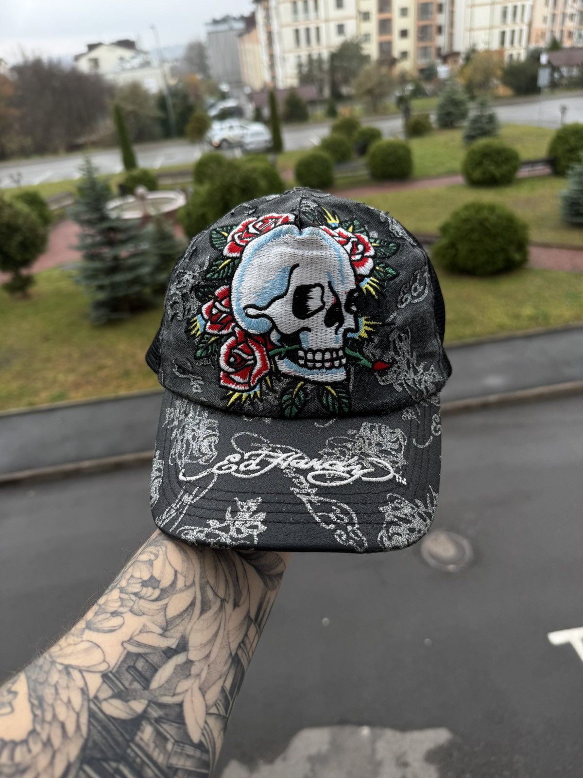 Ed Hardy Don Ed Hardy Skull Tattoo American Trapper cap hat Size ONE SIZE - 2 Thumbnail