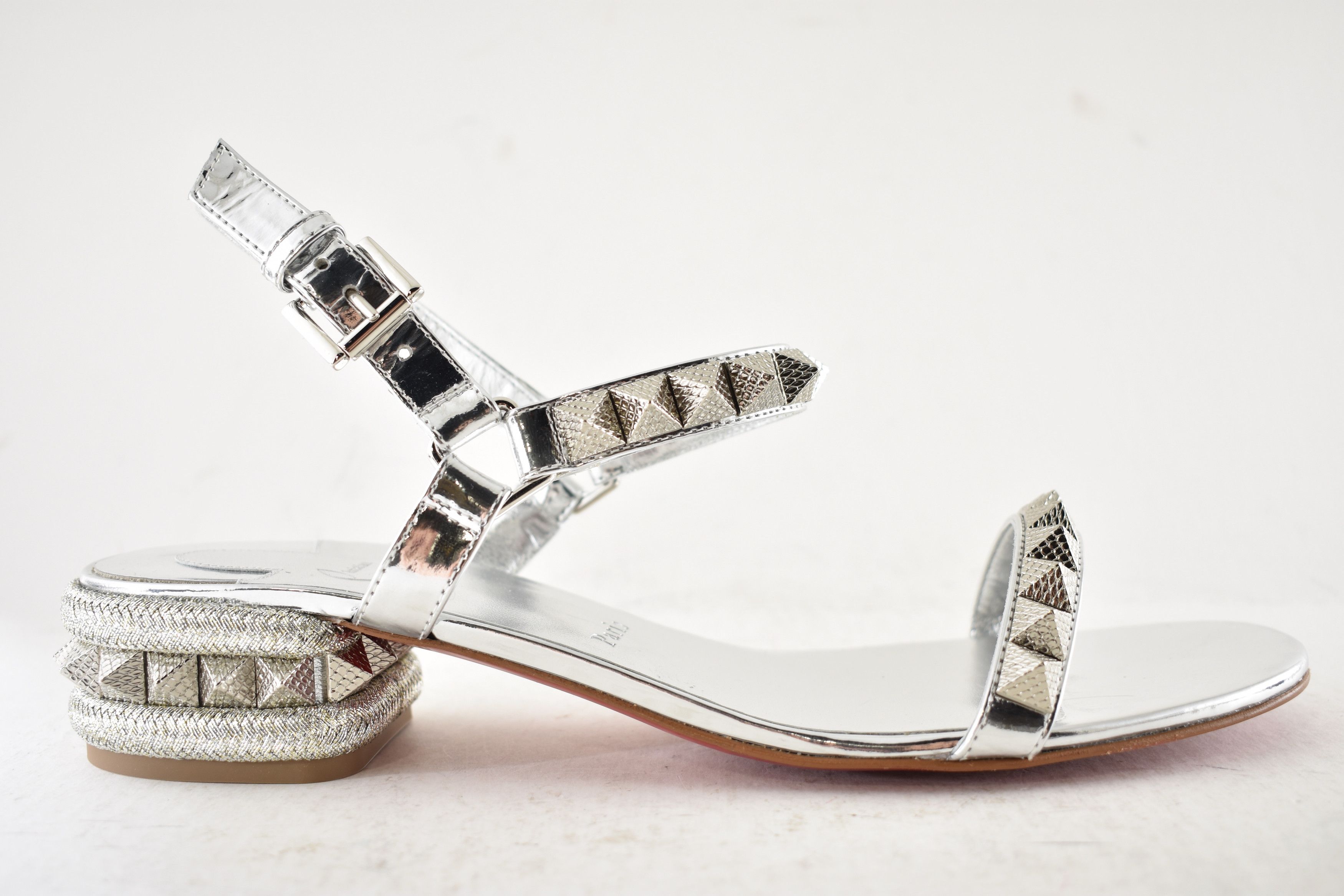 Christian Louboutin Pyrasand 30 Silver Leather Block Heel Ankle Strap Sandal 38 Size US 8 / IT 38 - 2 Thumbnail