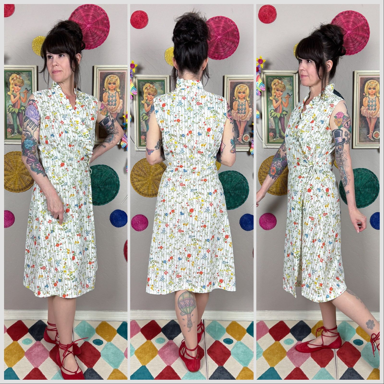 Vintage Vintage 1970s White Floral Sleeveless Cotton Wrap Dress Size M / US 6-8 / IT 42-44 - 2 Thumbnail