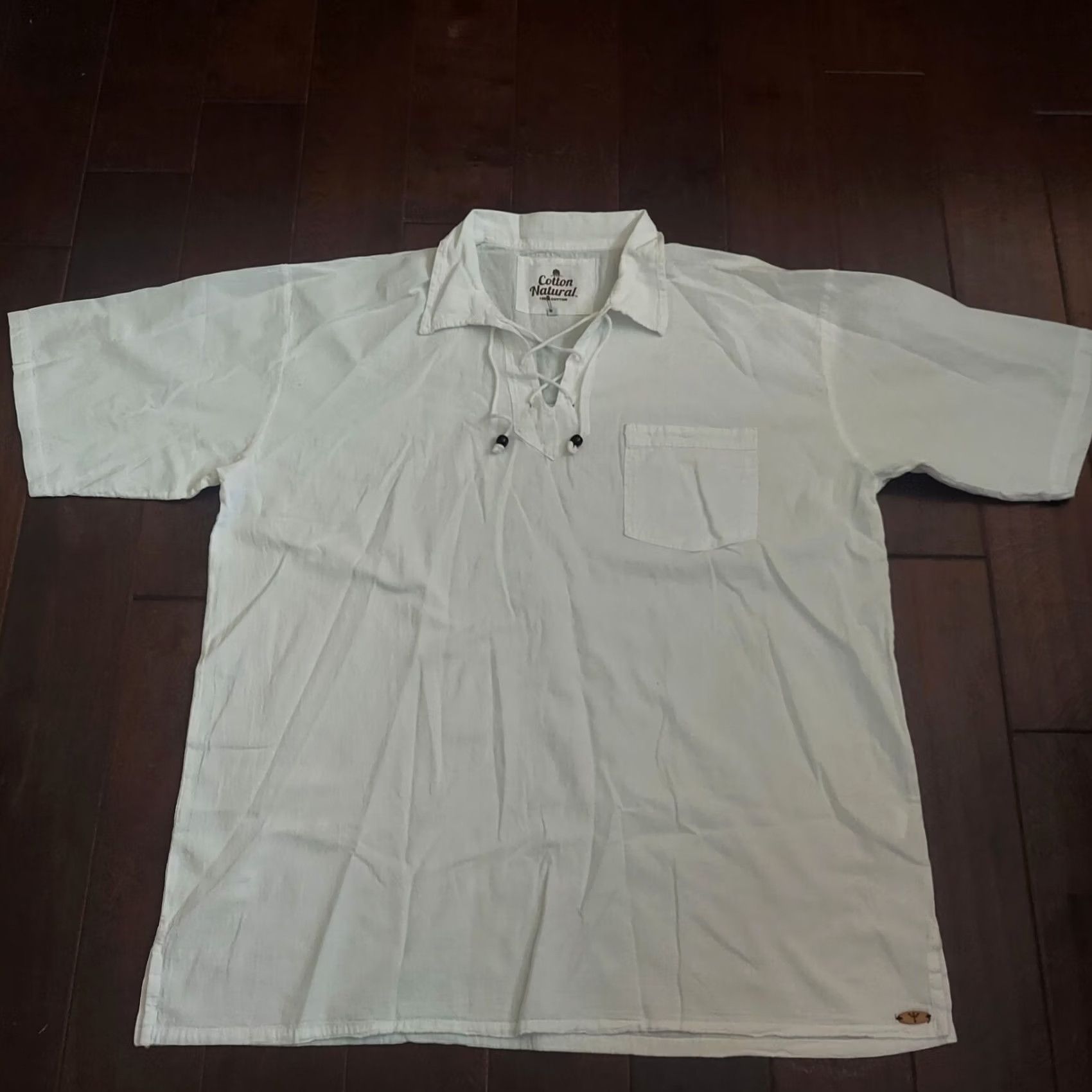 Vintage Cotton Natural Men's White Short Sleeve T-Shirt Front Pocket Drawstrings Beads 3XL Hawaiian Solid Shirt Mens Size US XXL / EU 58 / 5 - 2 Thumbnail