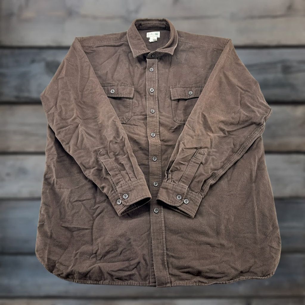 Vintage L.L. Bean Shirt Mens 2XLT Brown Button-Up Long Sleeve Solid Cotton Chamois Flannel 90s Mens Button-Up Size US XXL / EU 58 / 5 - 1 Thumbnail
