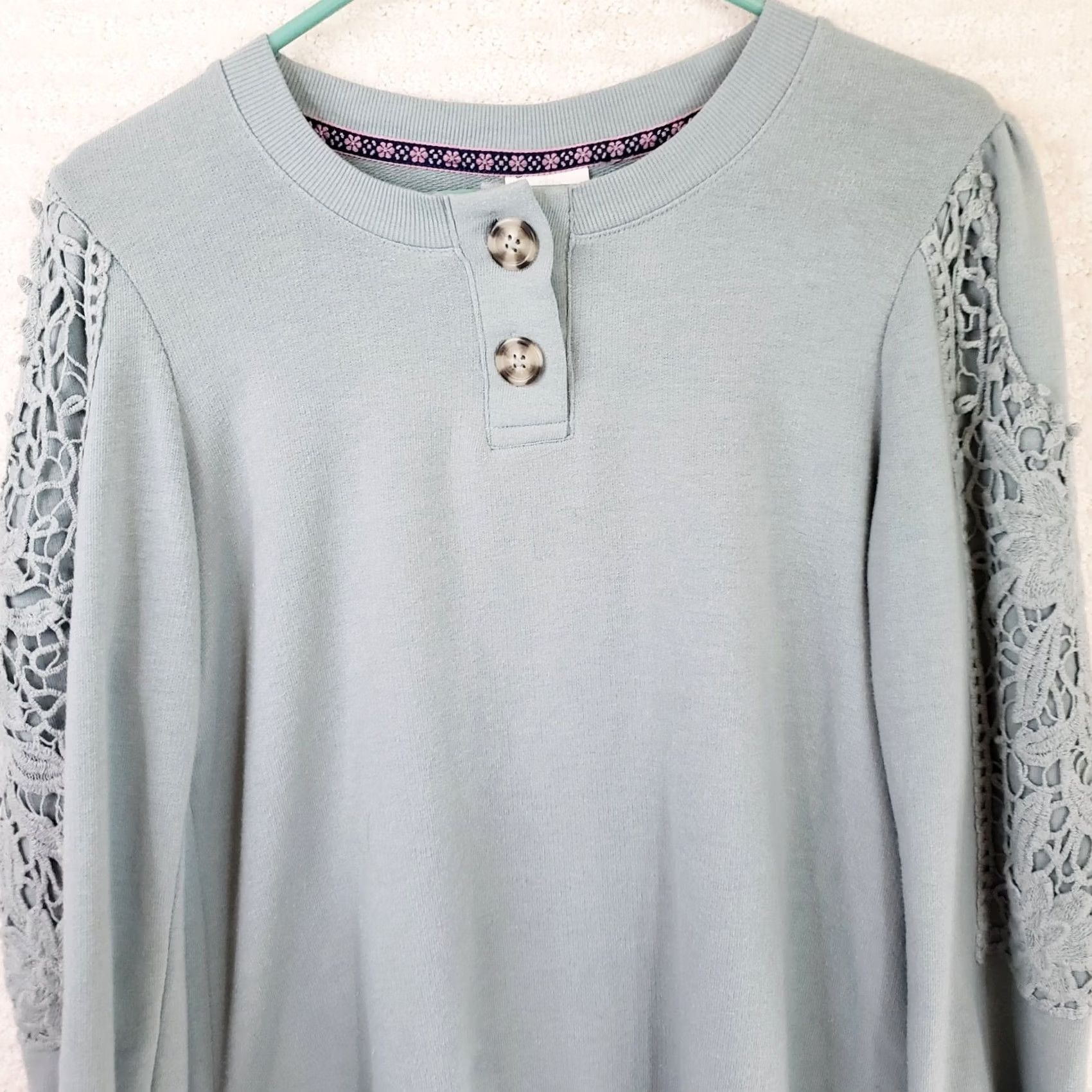 Vintage Knox Rose Women's M Green Top Shirt Boho Lace Sleeve Jersey Material Size M / US 6-8 / IT 42-44 - 2 Thumbnail