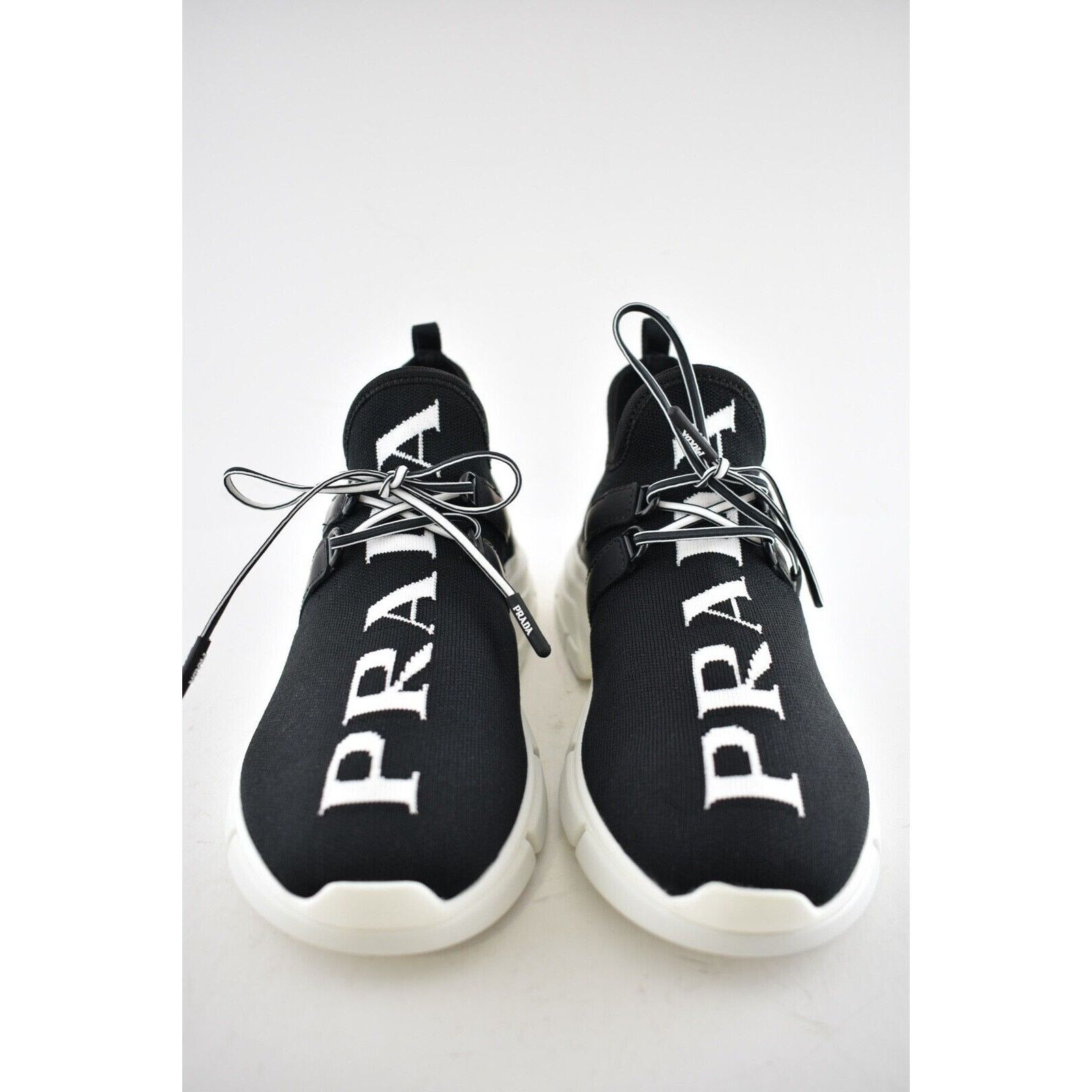 Prada Prada Logo Sock Black White Knit Flat Tie Pull On Sneaker 35 Size US 5 / IT 35 - 6 Thumbnail