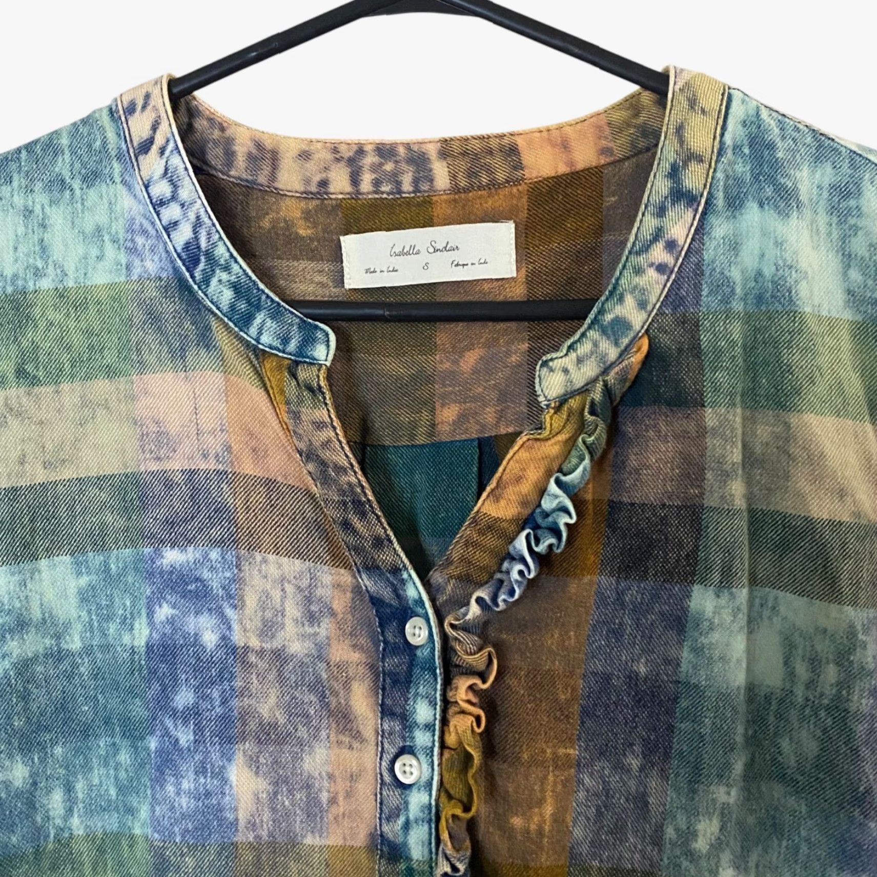 Anthropologie Anthropologie Isabelle Sinclair Ruffle Henley Top Women's S Acid-Washed Tonal Check Multicolor Button-Up Size S / US 4 / IT 40 - 5 Thumbnail