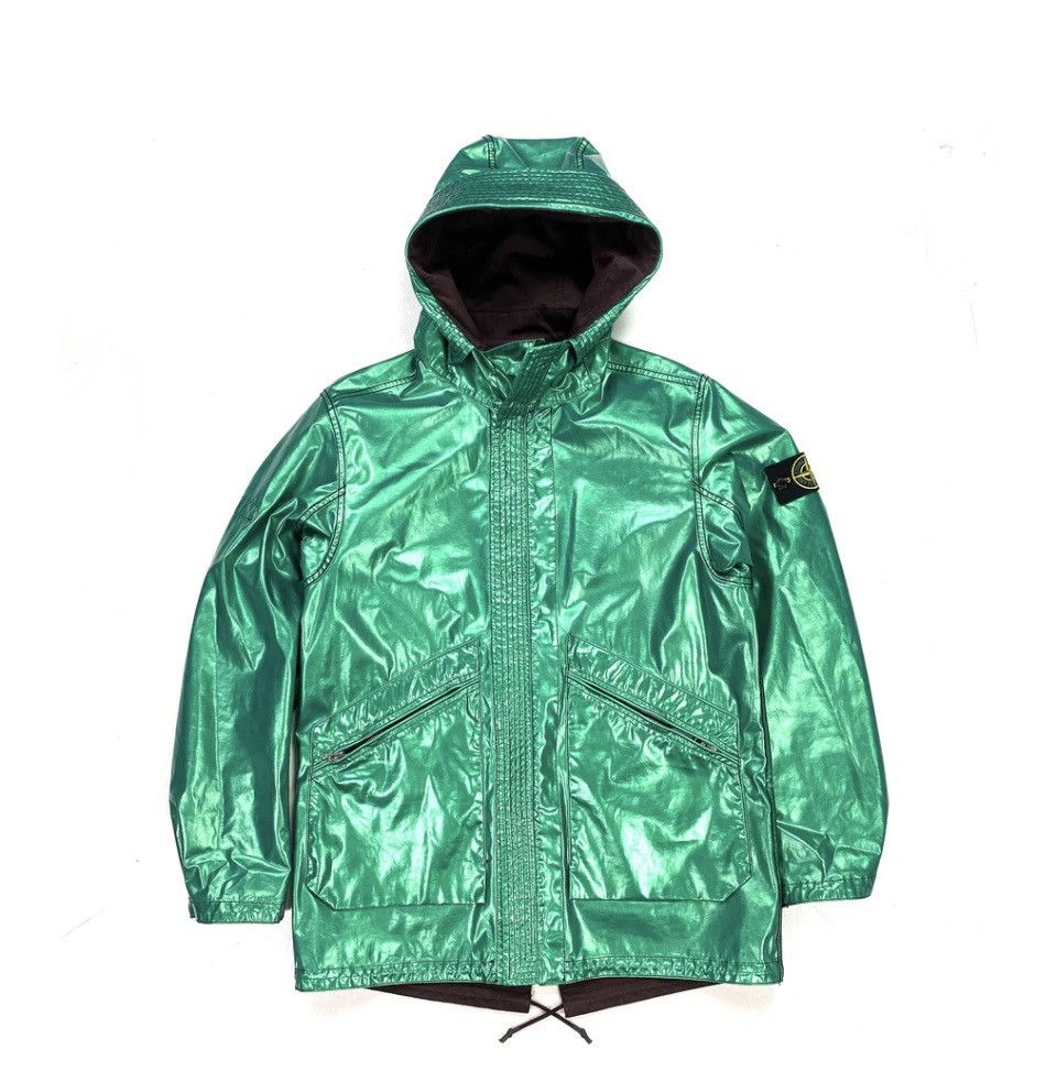 image of Stone Island Raso Gommato Metal Cover Reversible Jacket in Green, Men's (Size Medium)