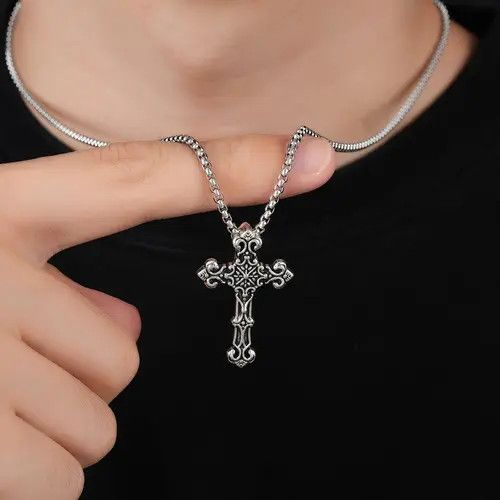 Jewelry Silver Ornate Cross Pendant Necklace, Men's Chain Necklace Size ONE SIZE - 2 Thumbnail